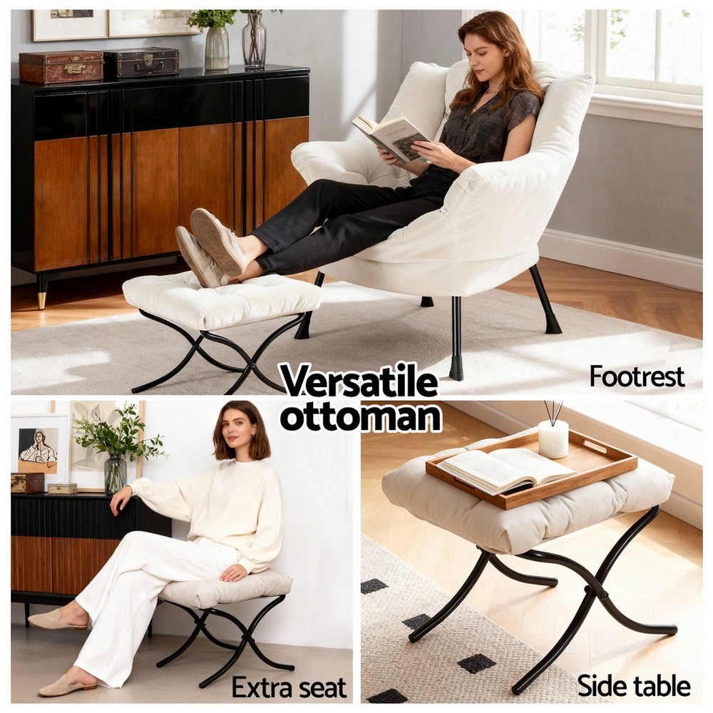 Artiss Armchair Accent Chair Ottoman Lounge Footrest Velvet White Bedworld