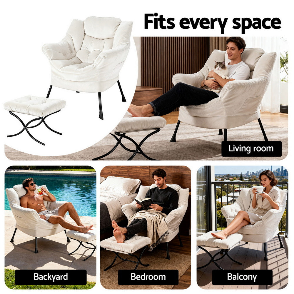 Artiss Armchair Accent Chair Ottoman Lounge Footrest Velvet White Bedworld