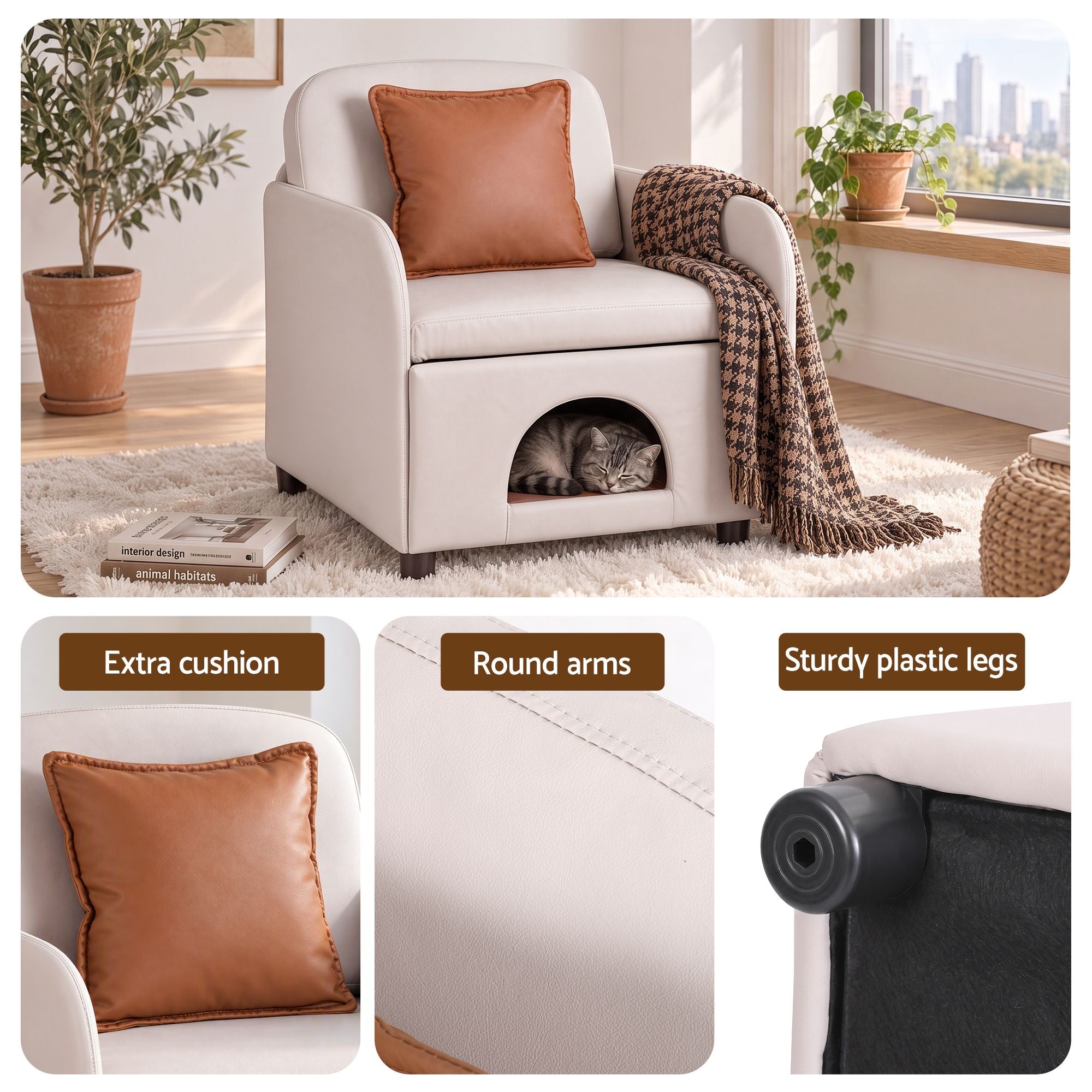 Artiss Armchair PU Leather Pet Accent Lounge Chair Cushion Beige Bedworld