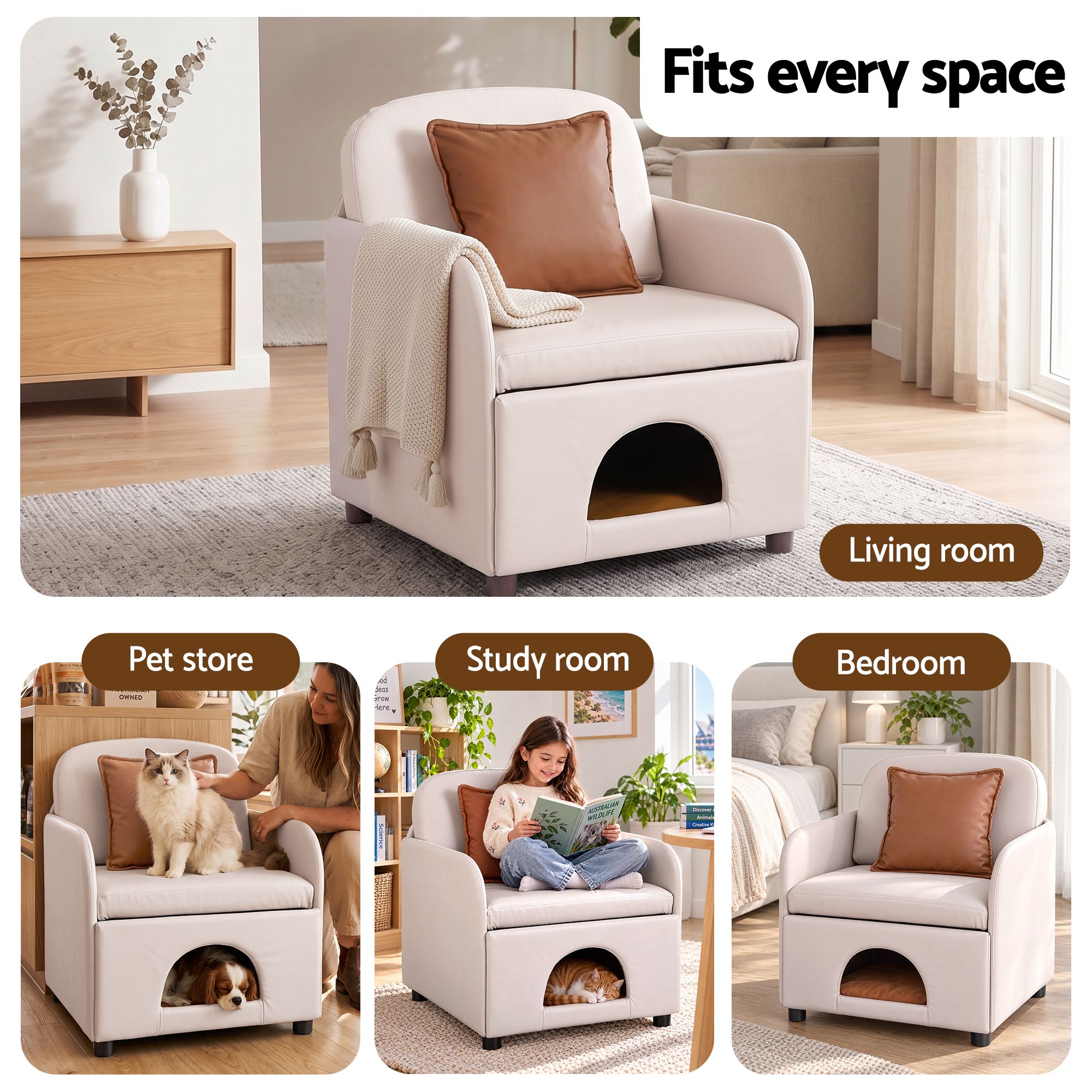 Artiss Armchair PU Leather Pet Accent Lounge Chair Cushion Beige Bedworld