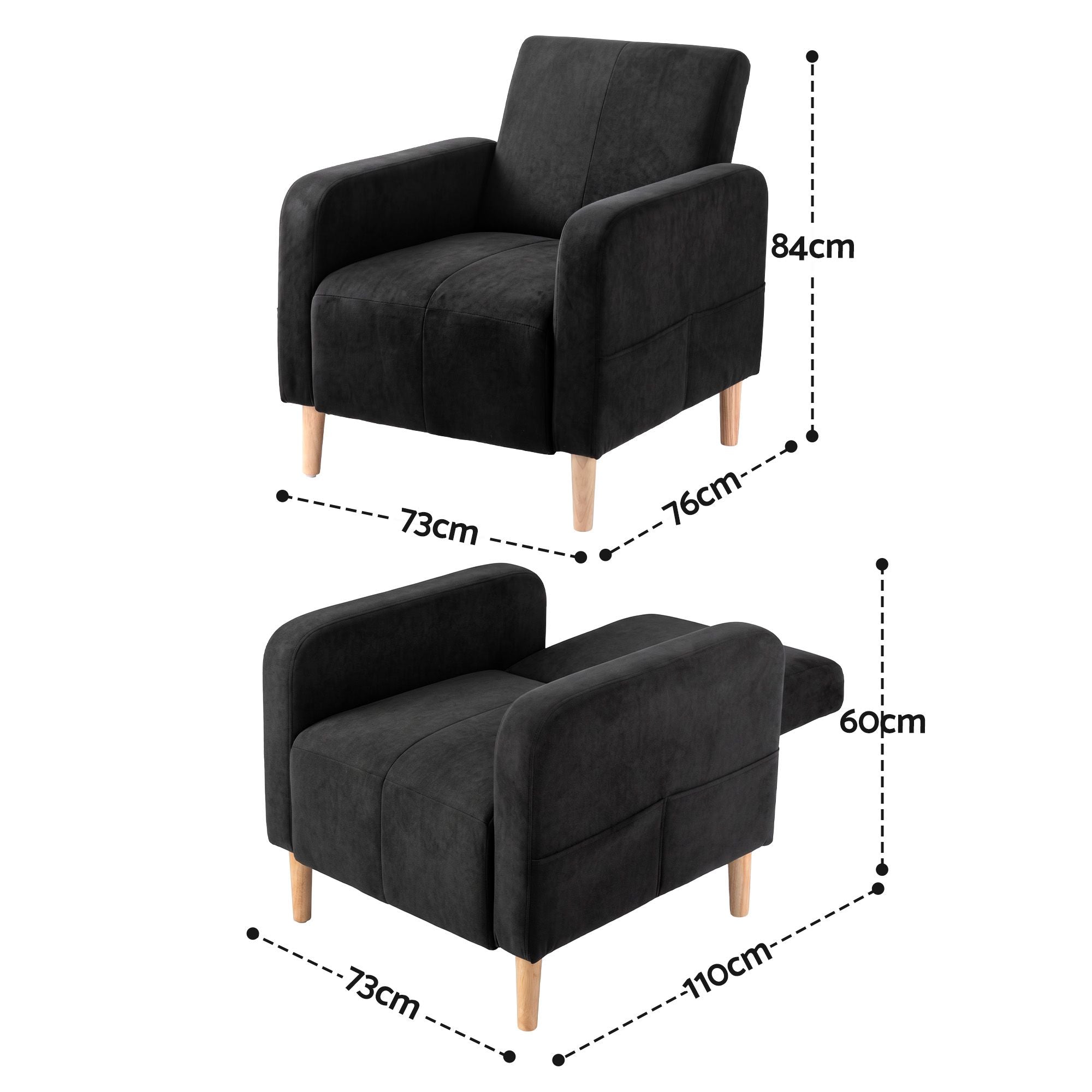 Artiss Reclining Armchair Velvet Sofa Bed Daybed Chair Single Chair Black Bedworld