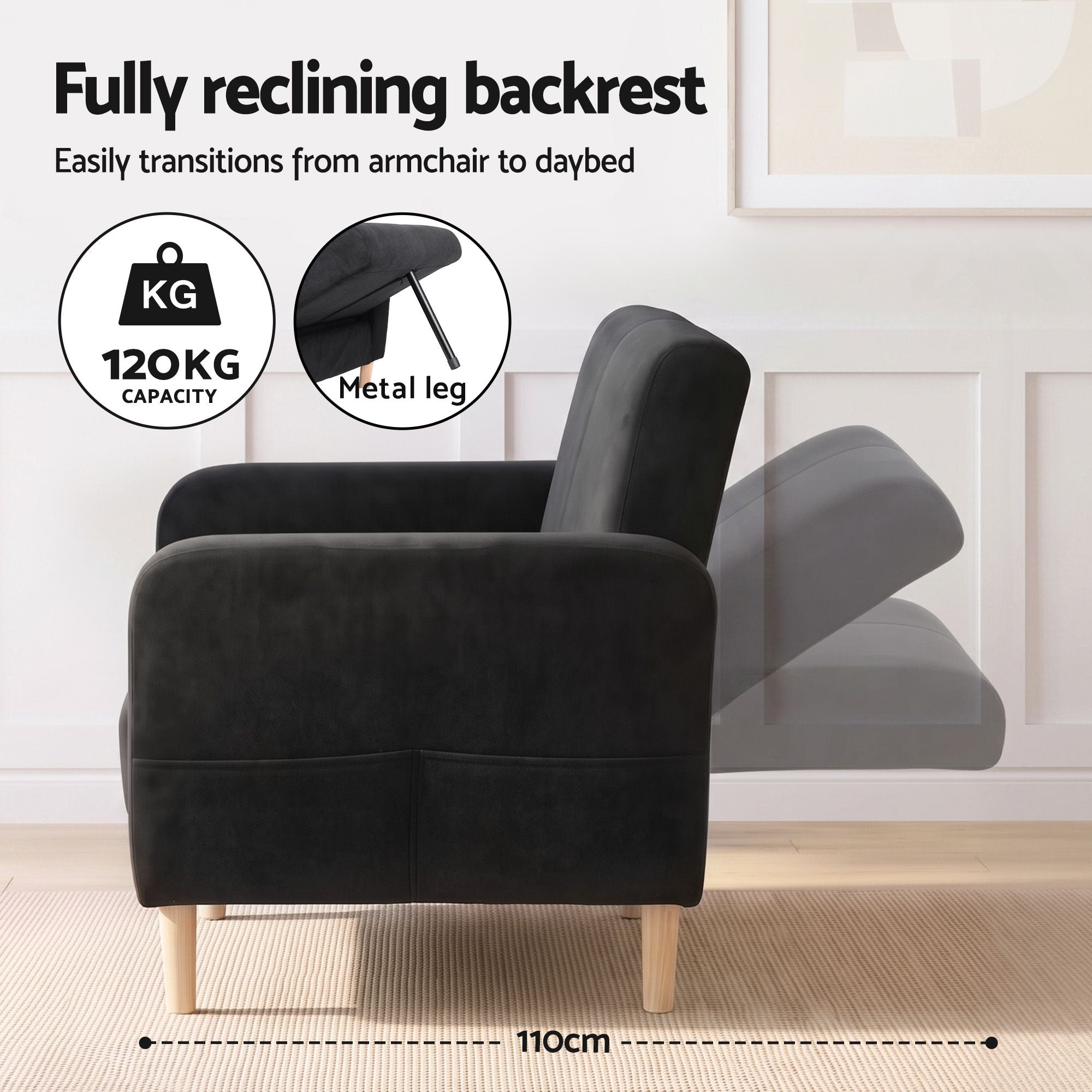 Artiss Reclining Armchair Velvet Sofa Bed Daybed Chair Single Chair Black Bedworld