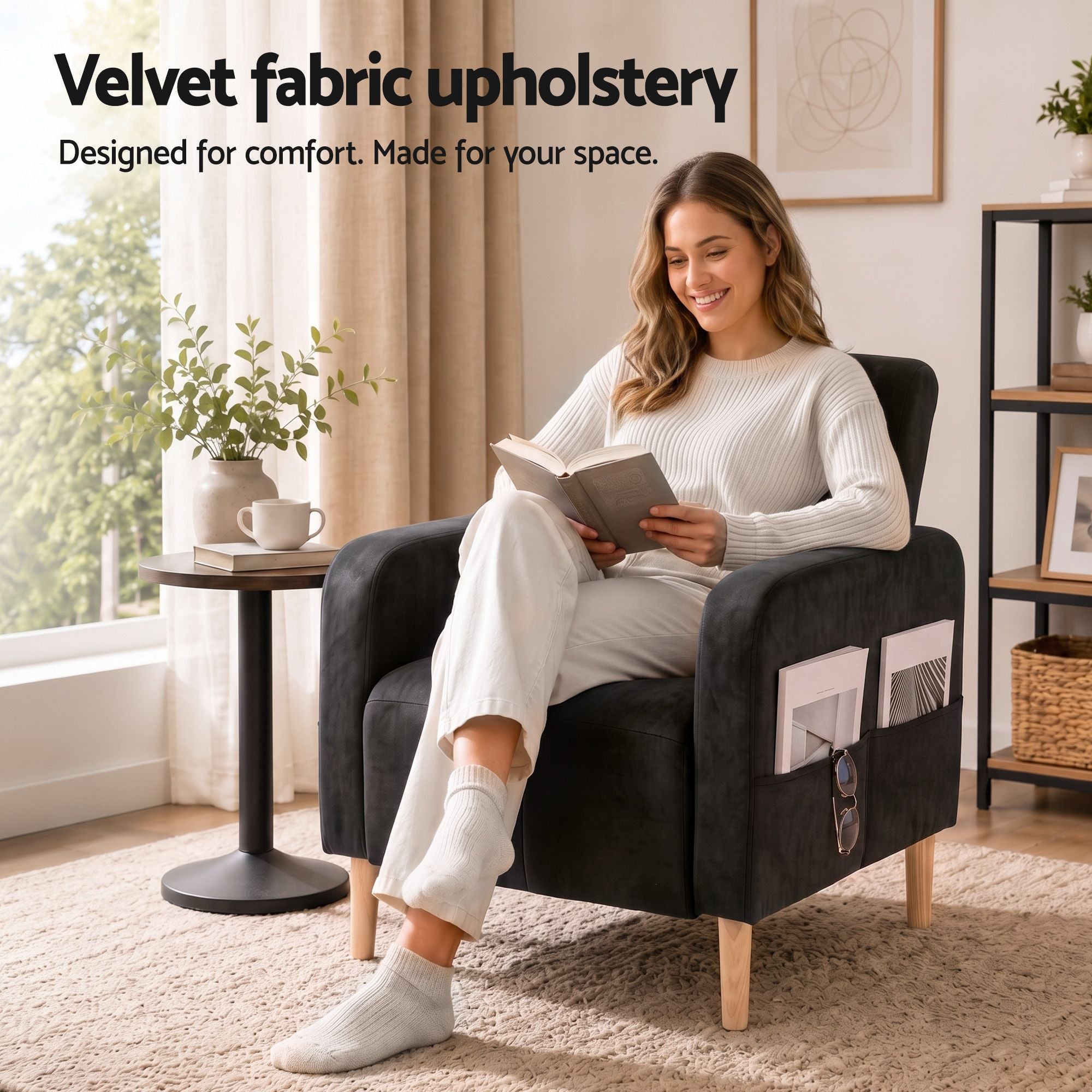 Artiss Reclining Armchair Velvet Sofa Bed Daybed Chair Single Chair Black Bedworld