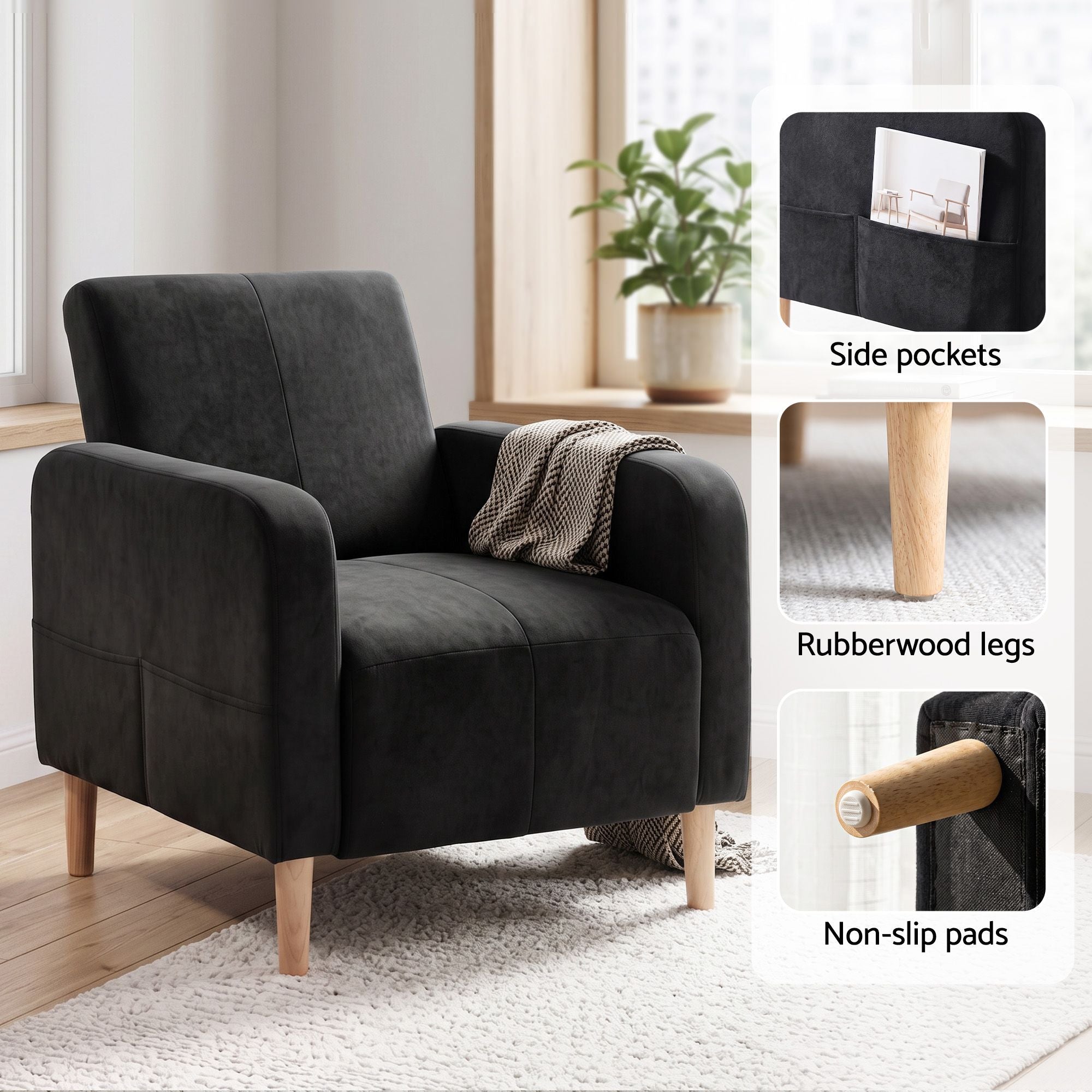 Artiss Reclining Armchair Velvet Sofa Bed Daybed Chair Single Chair Black Bedworld