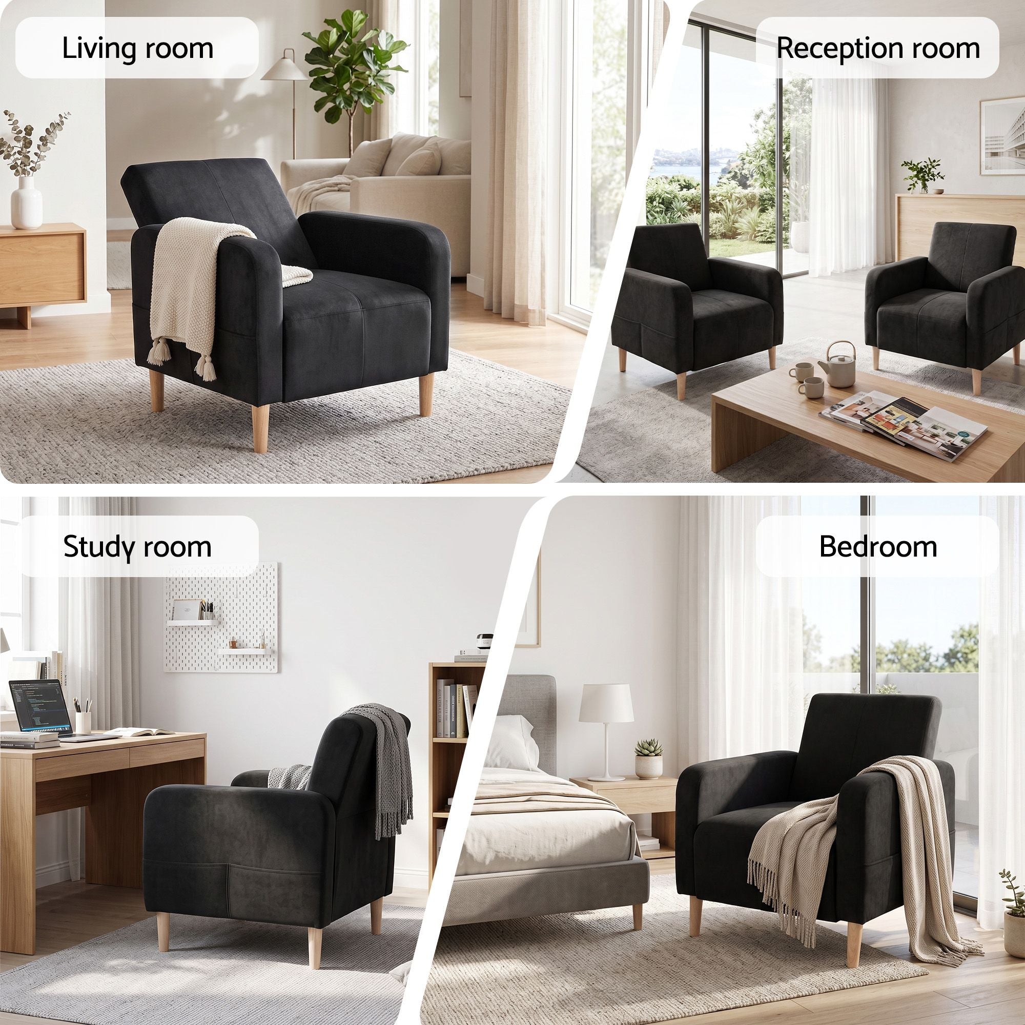 Artiss Reclining Armchair Velvet Sofa Bed Daybed Chair Single Chair Black Bedworld