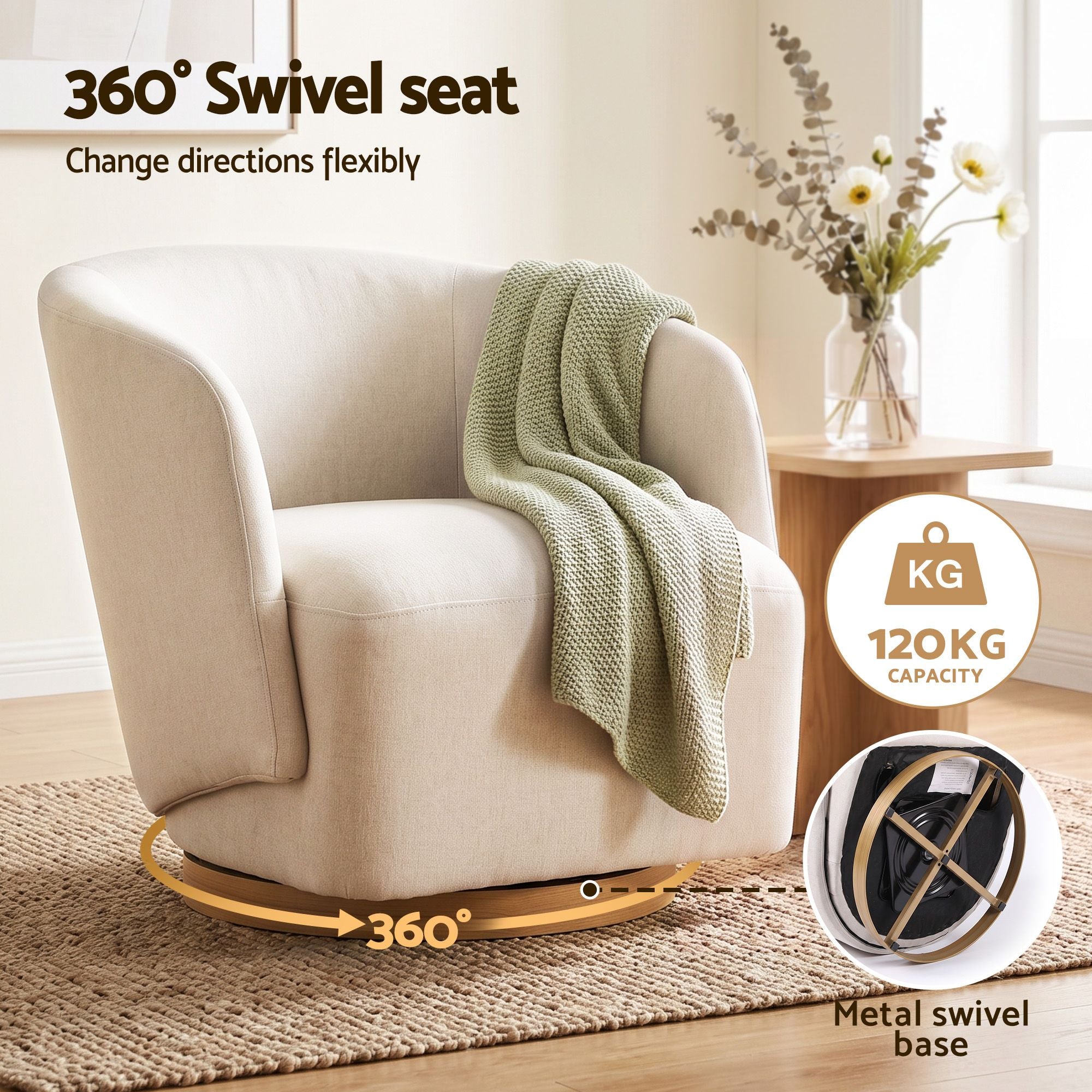 Artiss Swivel Armchair 360° Curved Accent Chair Linen Fabric Beige Bedworld