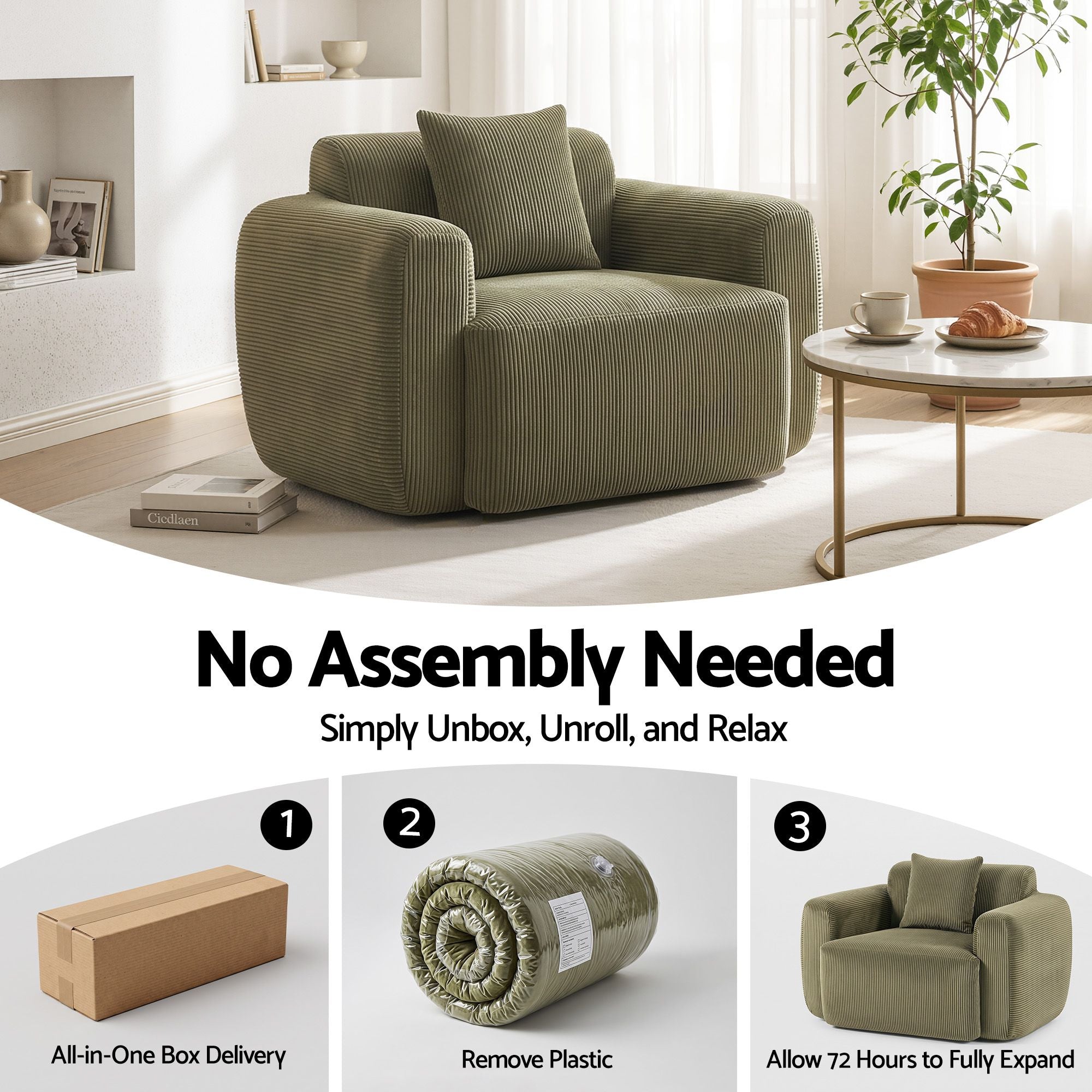 Artiss Compressed Armchair Sofa with Cushion Corduroy No Assembly Green Bedworld