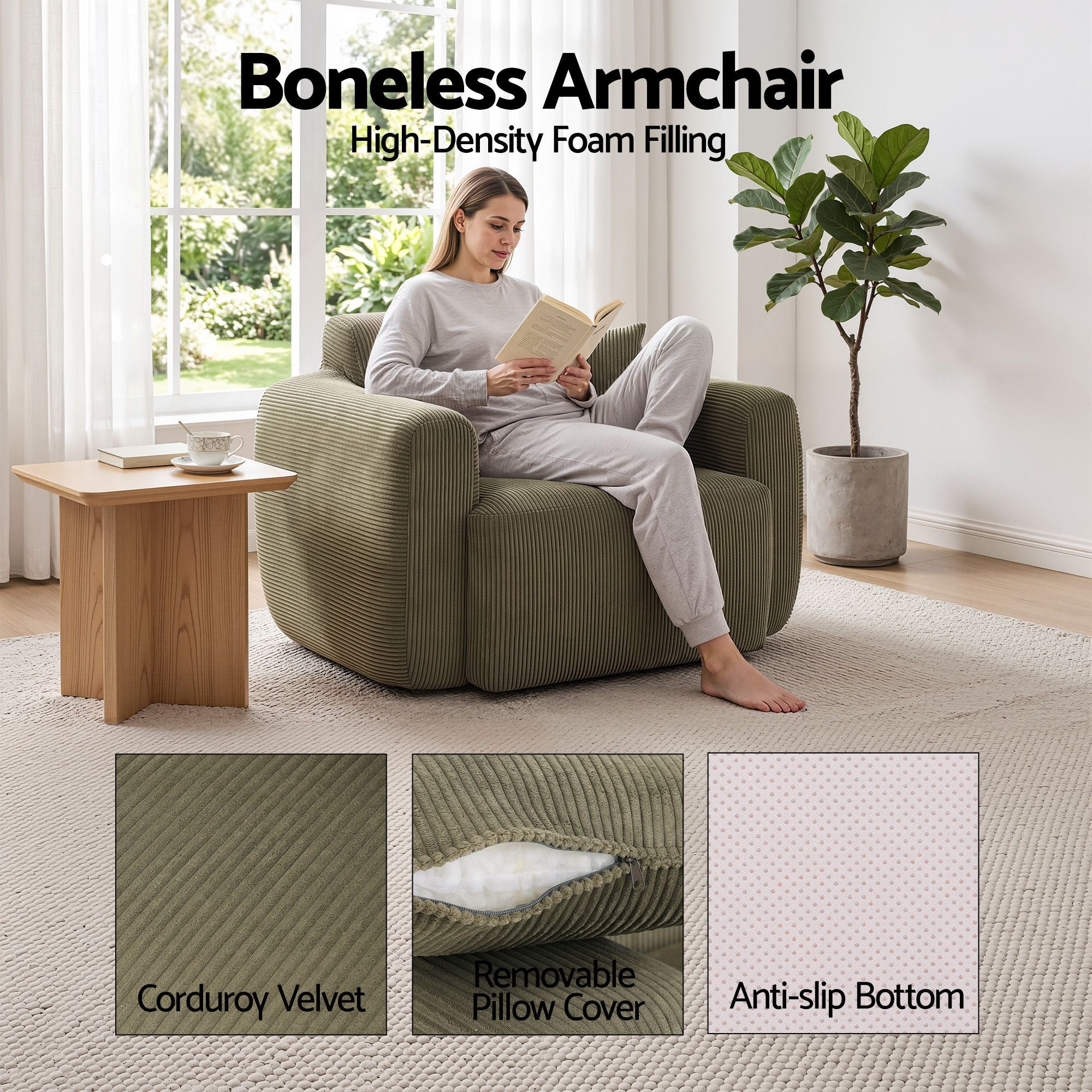 Artiss Compressed Armchair Sofa with Cushion Corduroy No Assembly Green Bedworld