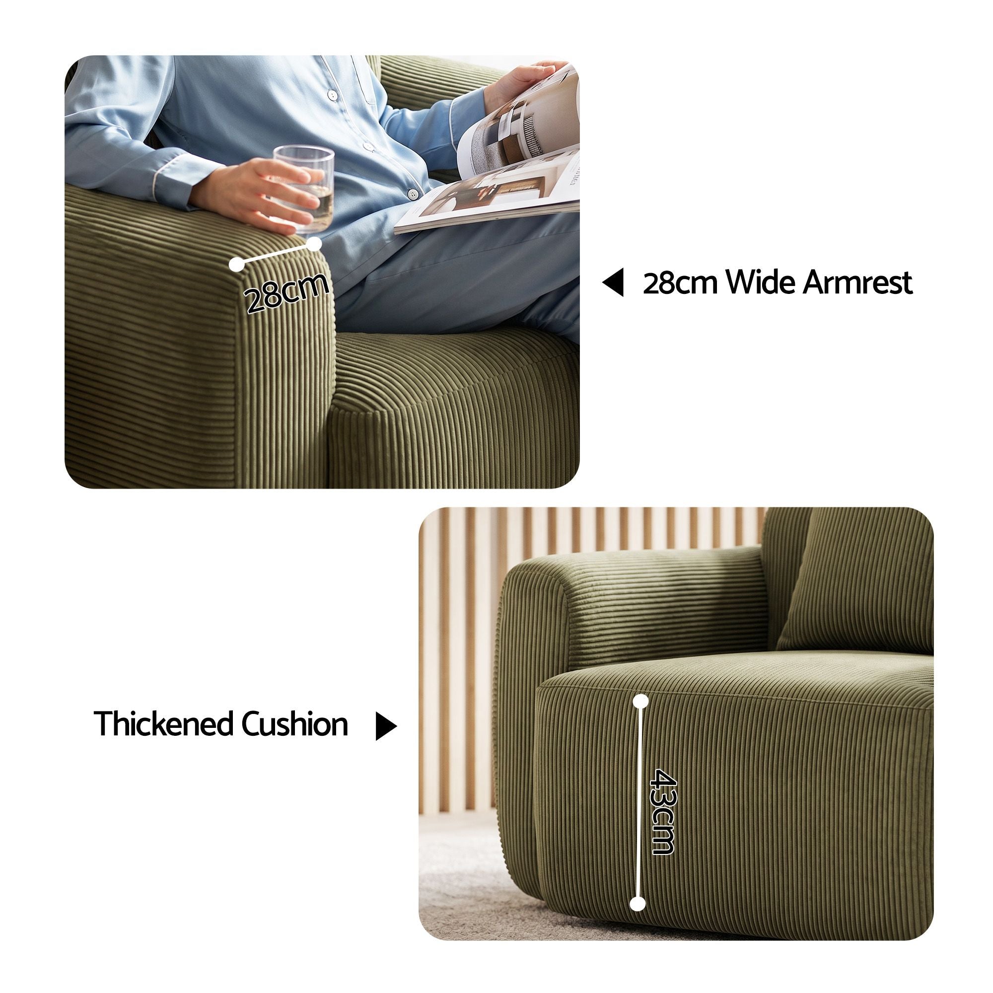 Artiss Compressed Armchair Sofa with Cushion Corduroy No Assembly Green Bedworld