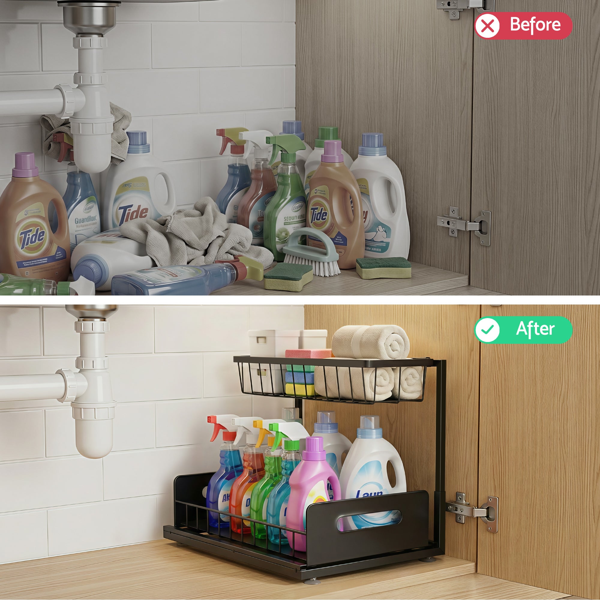 Artiss Under Sink Organizer Storage L Shape 1 Pull Out Drawers Kitchen Cabinet Shelf Bedworld