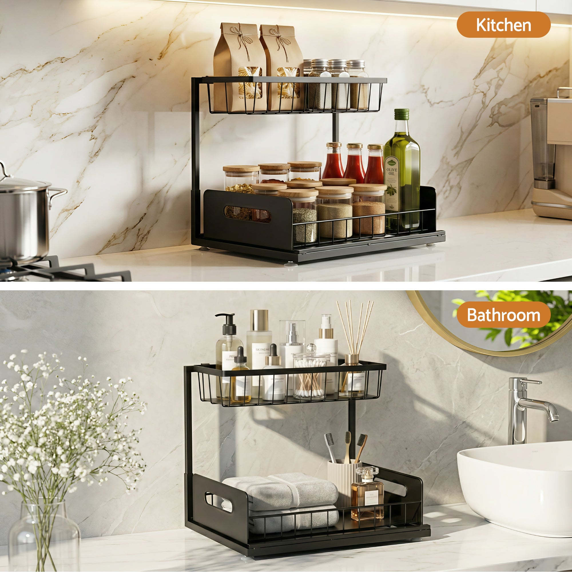 Artiss Under Sink Organizer Storage L Shape 1 Pull Out Drawers Kitchen Cabinet Shelf Bedworld