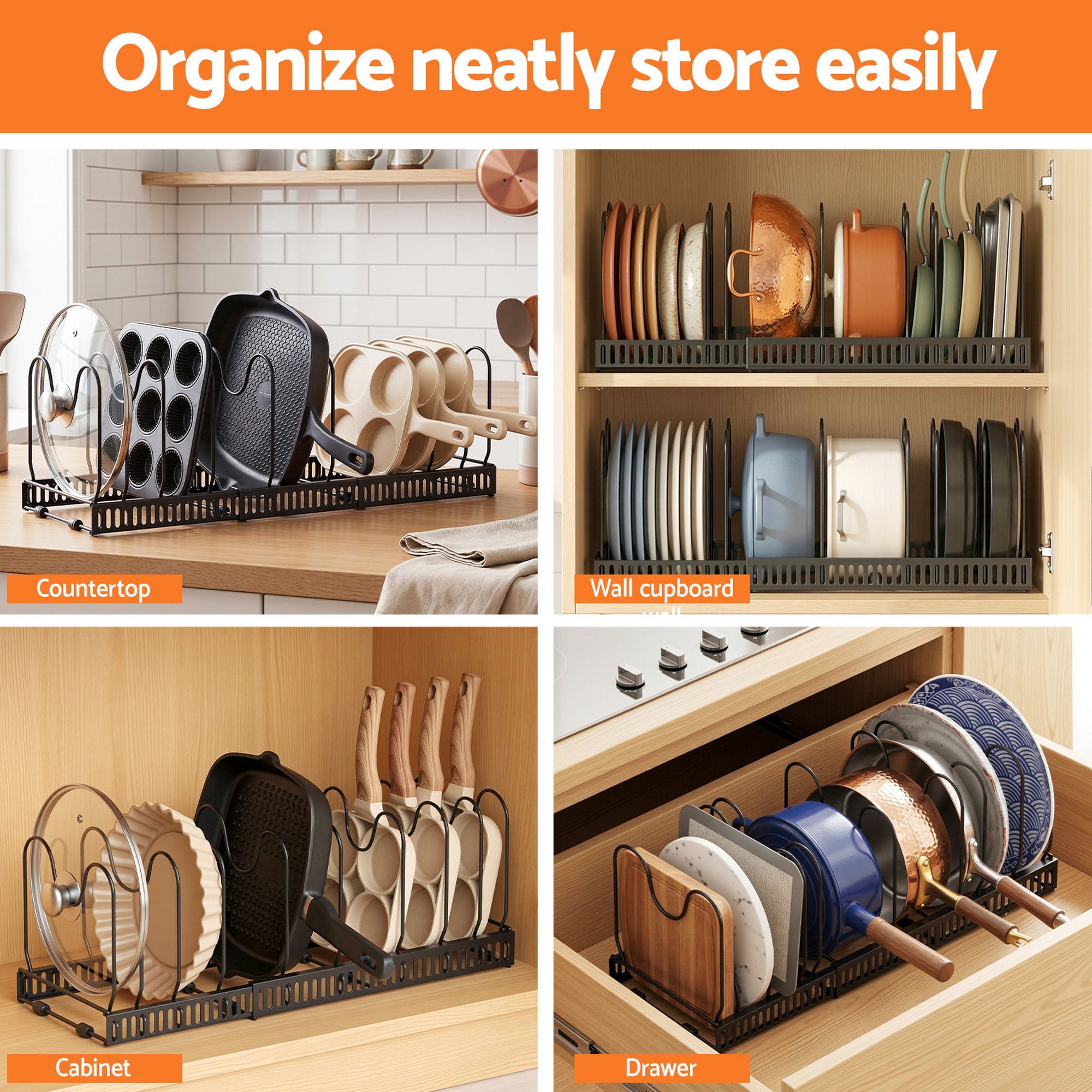 Artiss Expandable Pots and Pans Organizer Rack Cookware Holder Kitchen Cabinet Rack Bedworld