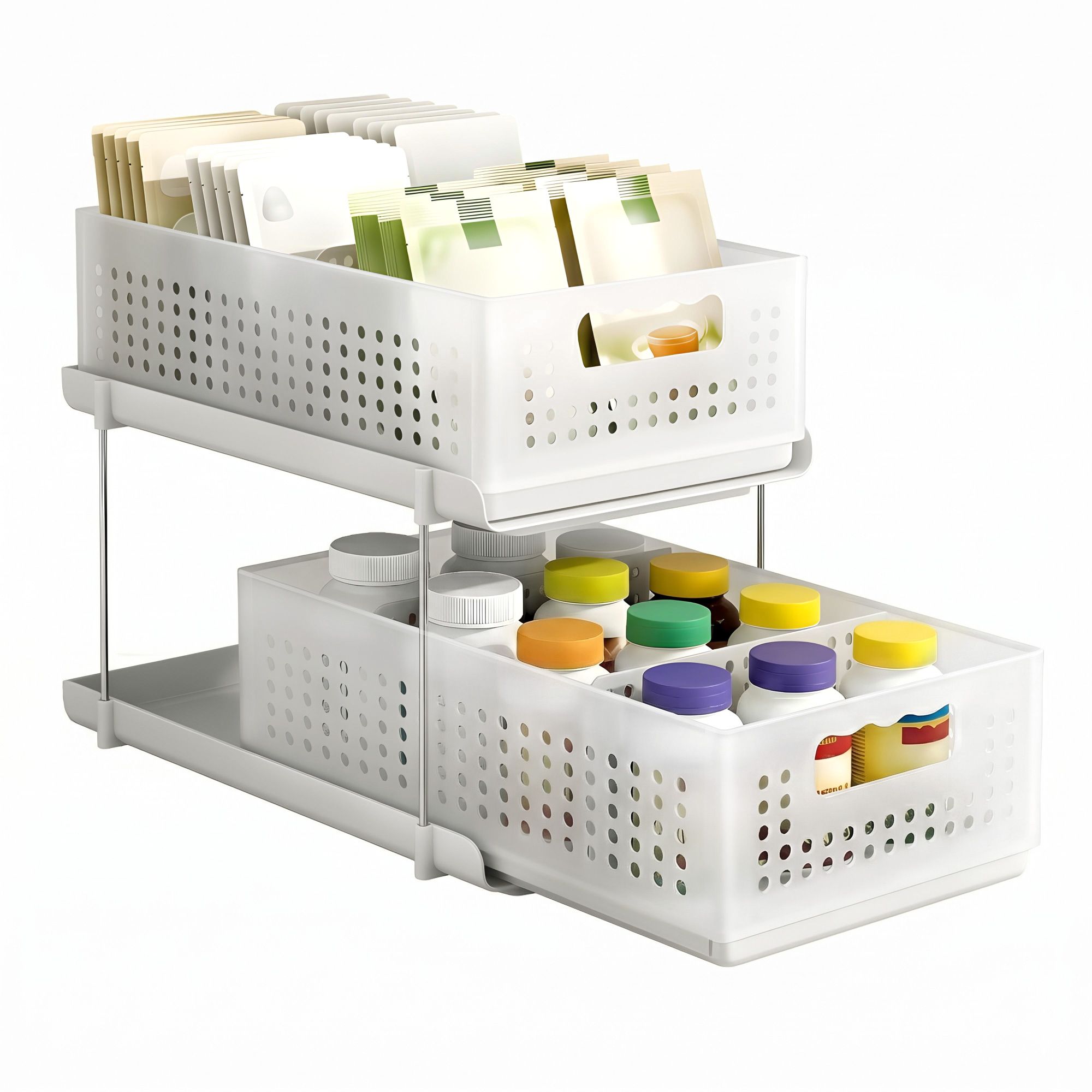 Artiss Under Sink Organizer 2 Tier Pull Out Drawer with Removable Baskets & Divider White Bedworld