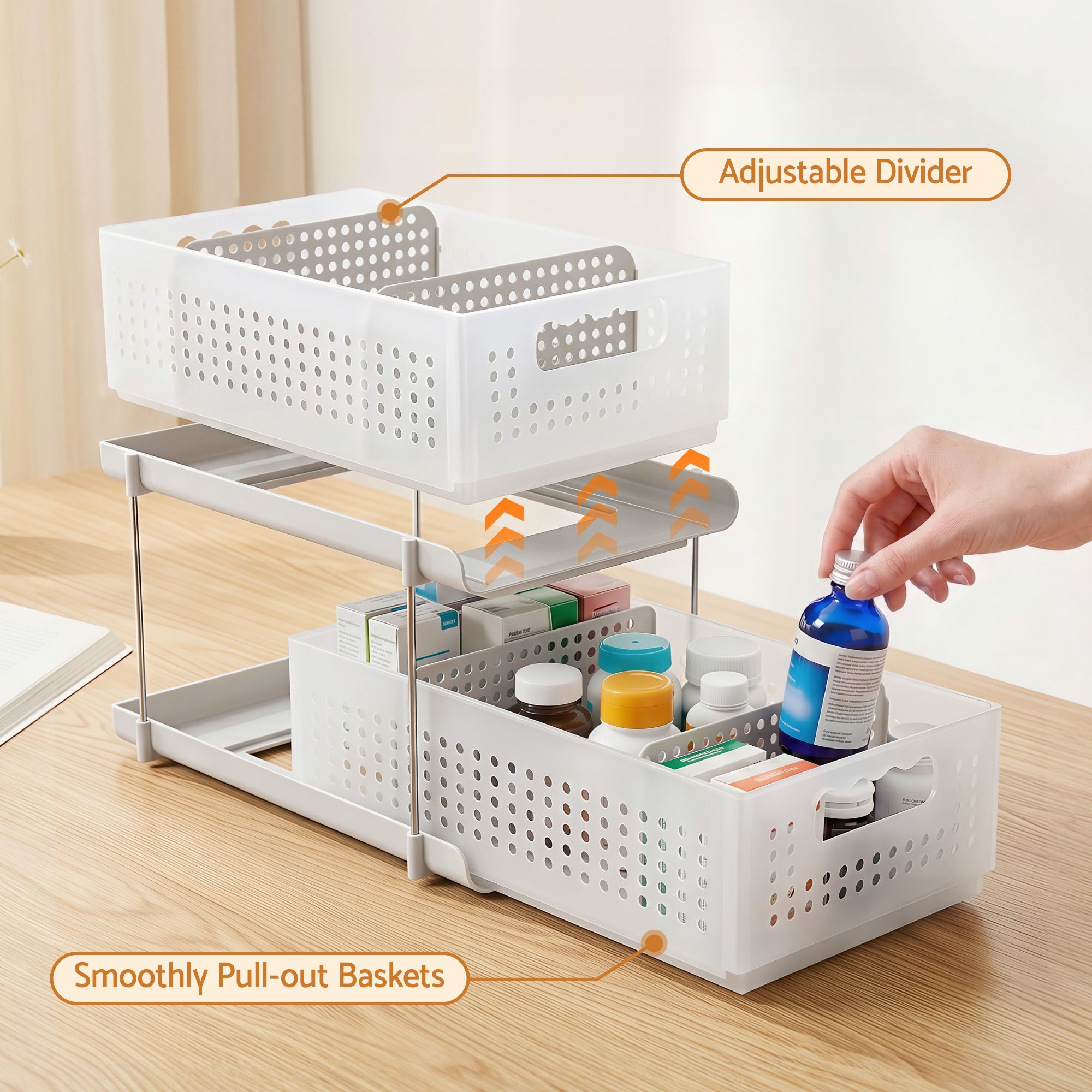 Artiss Under Sink Organizer 2 Tier Pull Out Drawer with Removable Baskets & Divider White Bedworld