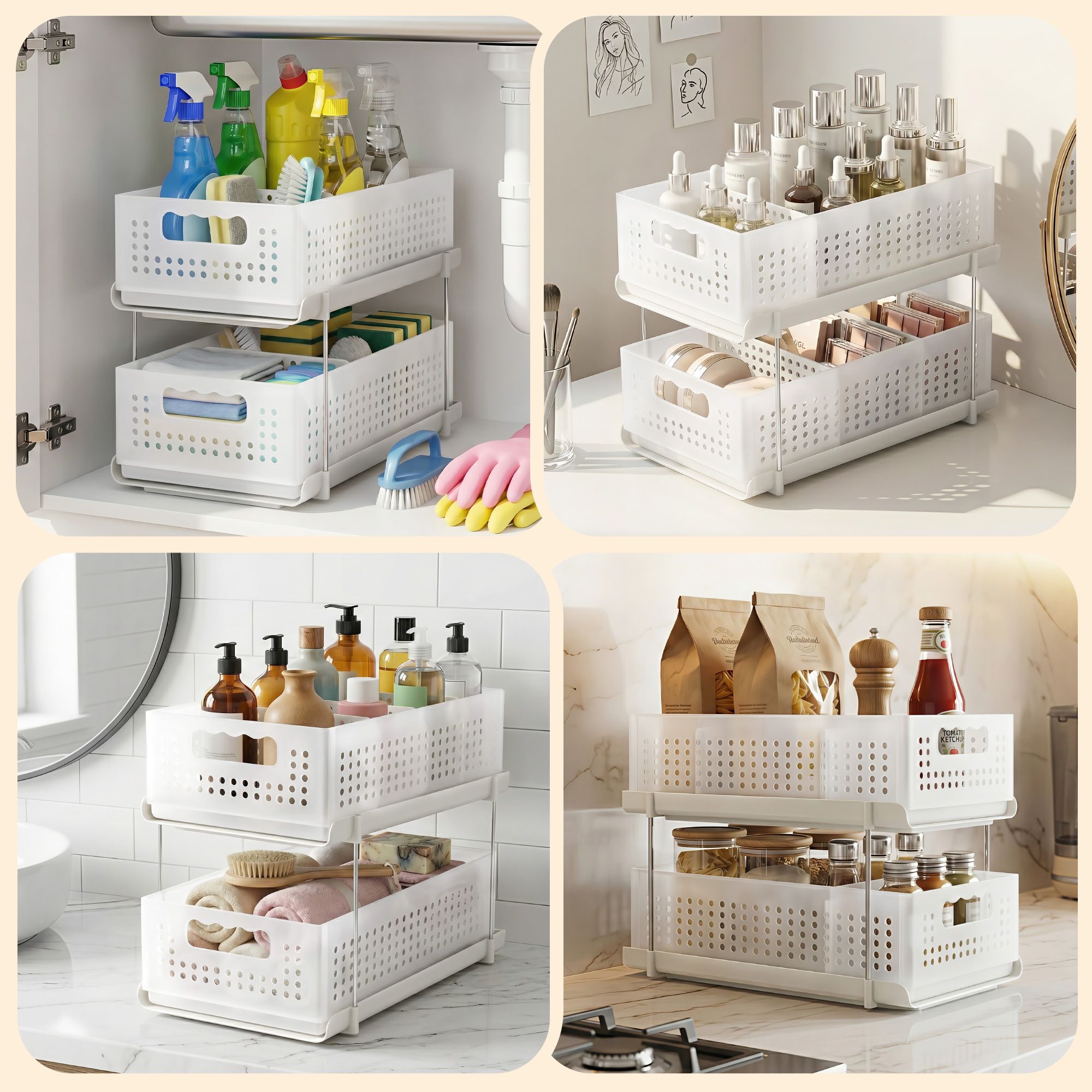 Artiss Under Sink Organizer 2 Tier Pull Out Drawer with Removable Baskets & Divider White Bedworld