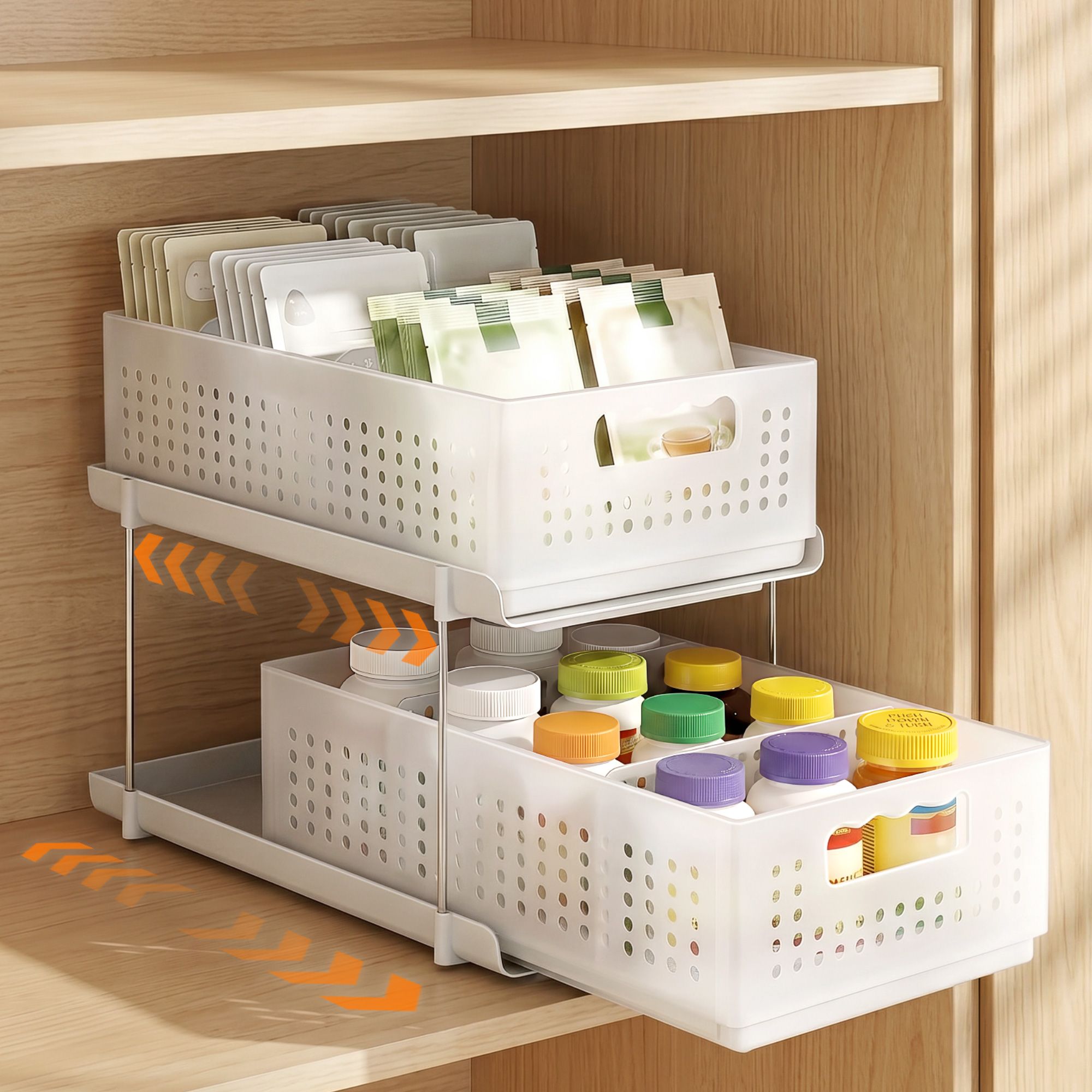 Artiss Under Sink Organizer 2 Tier Pull Out Drawer with Removable Baskets & Divider White Bedworld