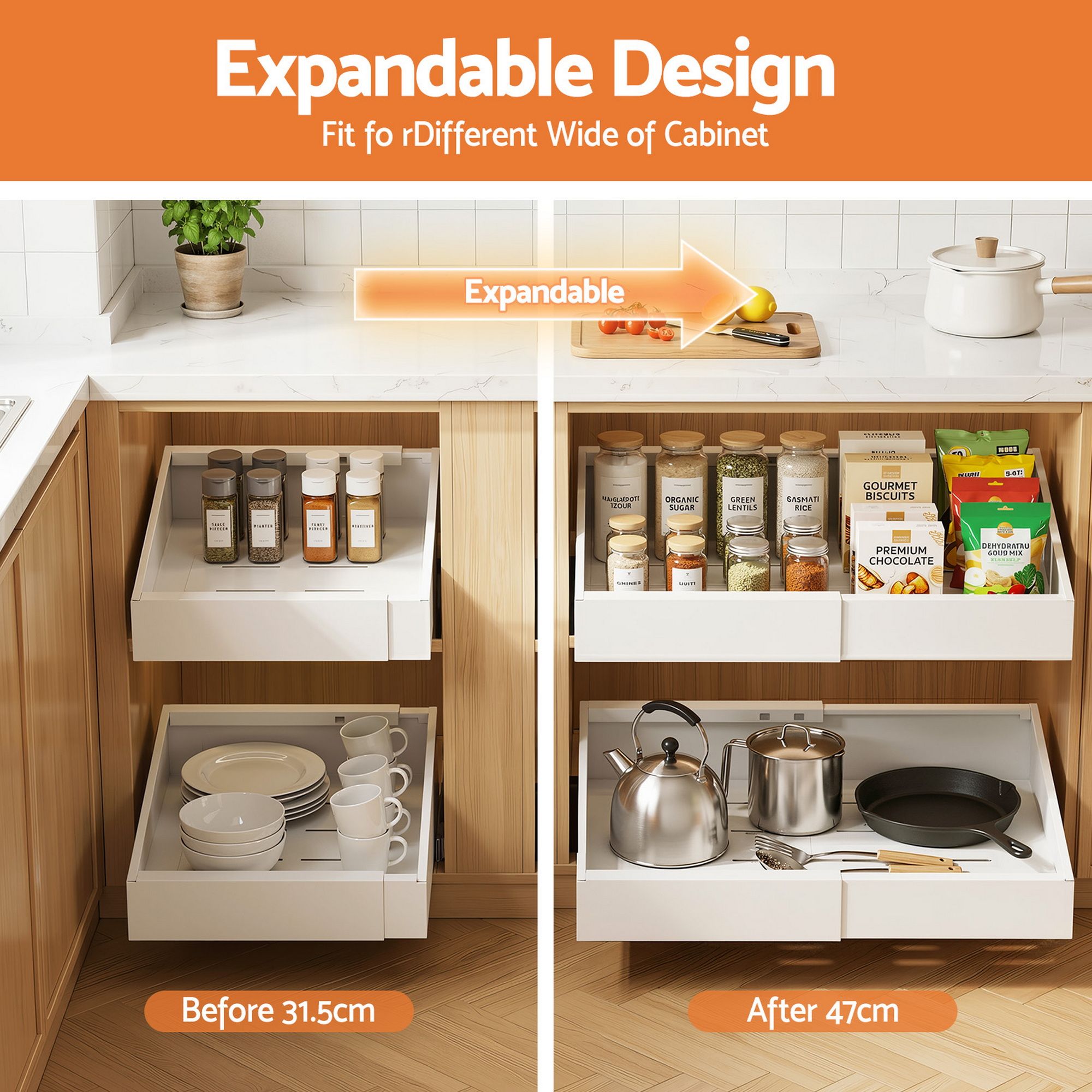 Artiss 2 Pack Pull Out Drawers for Cabinets Expandable Cabinet Organizer White Bedworld