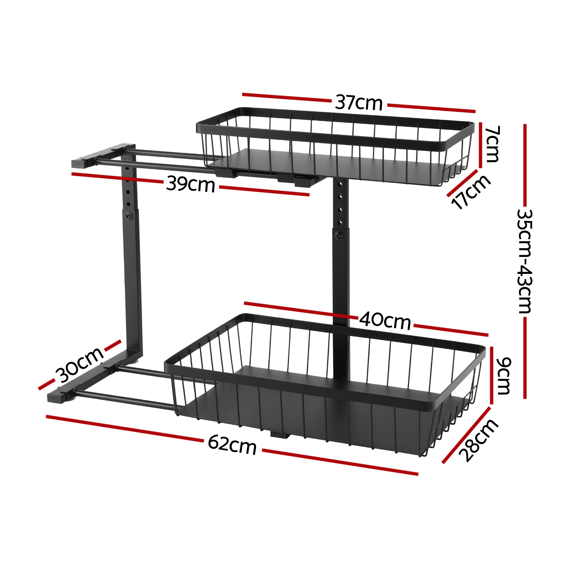 Artiss Under Sink Organizer Storage with 2 Slide Out Drawers 5 Adjustable Height Bathroom Kitchen Cabinet Black