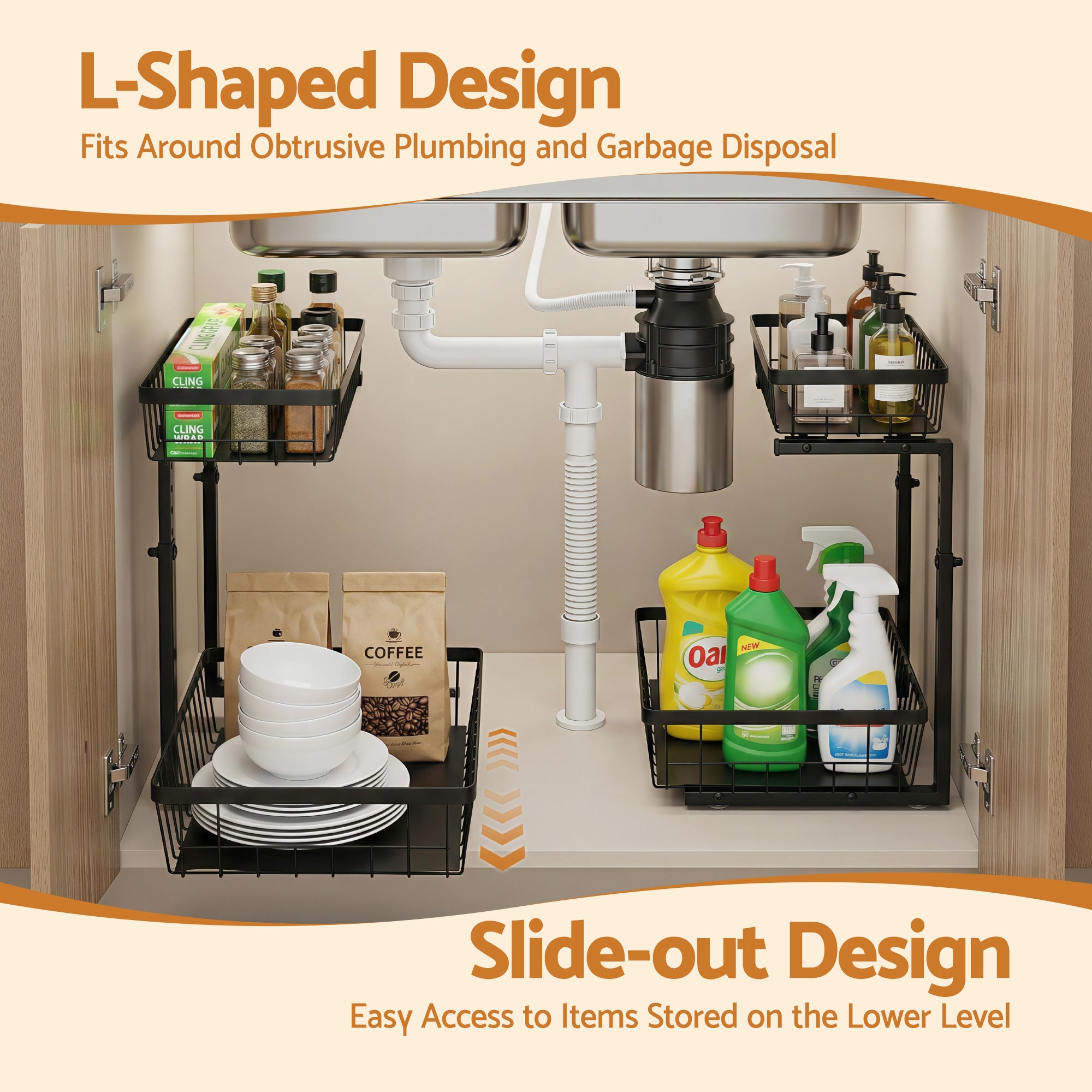 Artiss Under Sink Organizer Storage with 2 Slide Out Drawers 5 Adjustable Height Bathroom Kitchen Cabinet Black