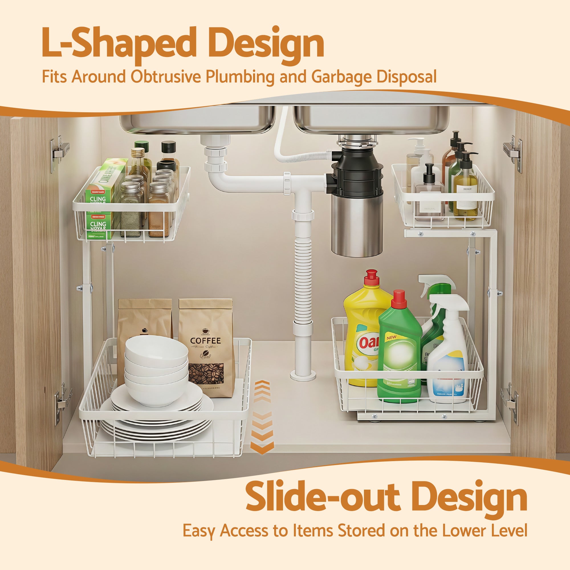 Artiss Under Sink Organizer Storage with 2 Slide Out Drawers 5 Adjustable Height Bathroom Kitchen Cabinet Bedworld
