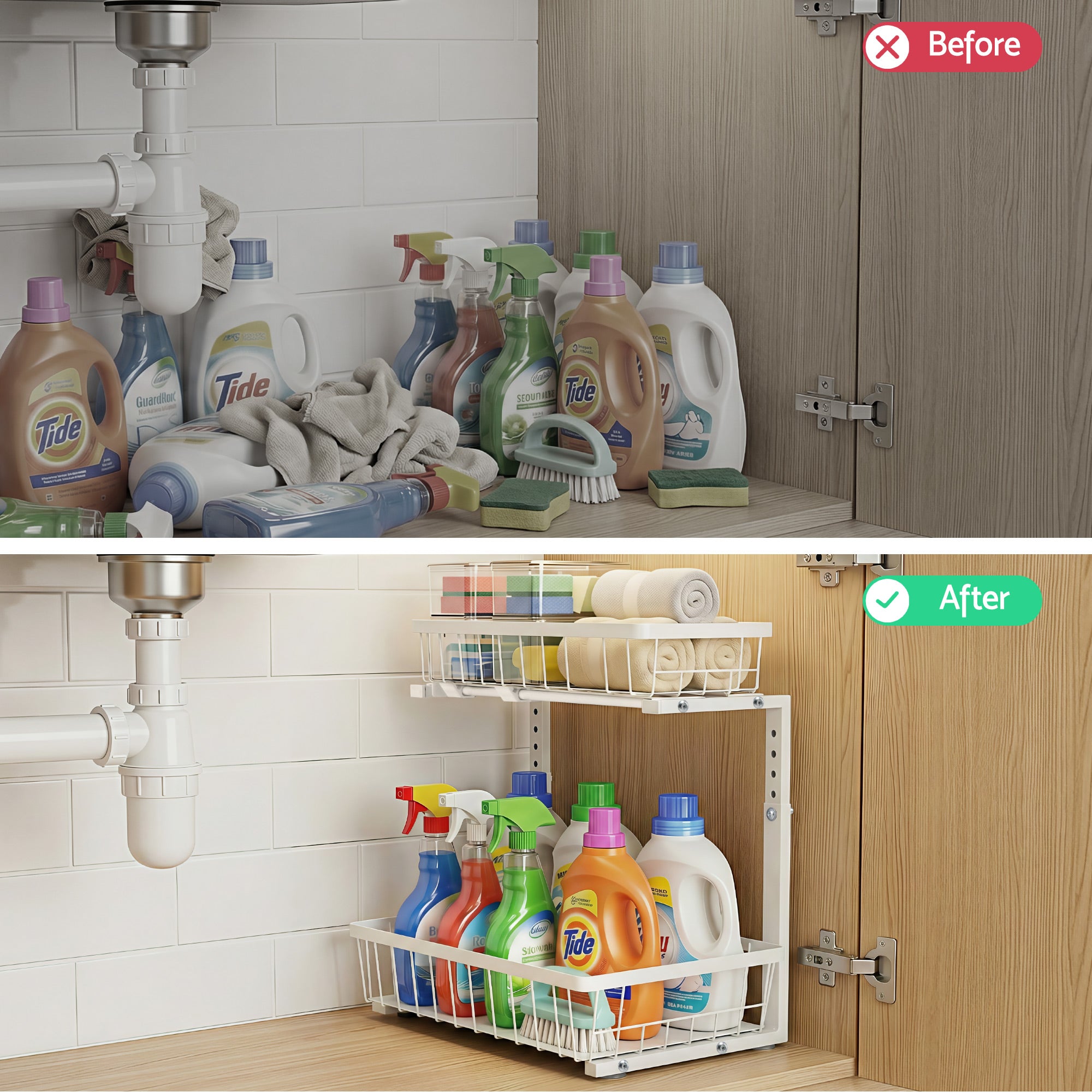 Artiss Under Sink Organizer Storage with 2 Slide Out Drawers 5 Adjustable Height Bathroom Kitchen Cabinet Bedworld