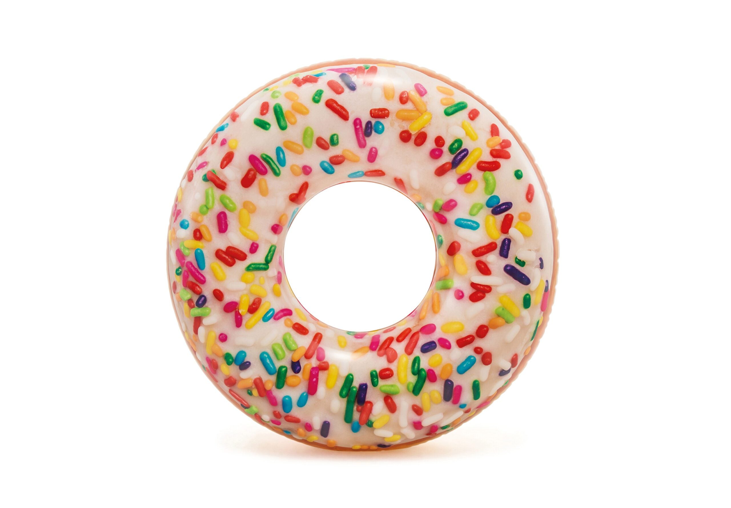 Inflatable donut pool tube with sprinkle pattern, pink frosting and brown ring