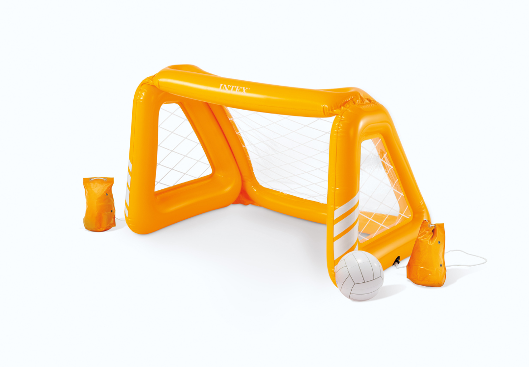 Orange inflatable pool goal frame with net, ball and anchor bags on sides.