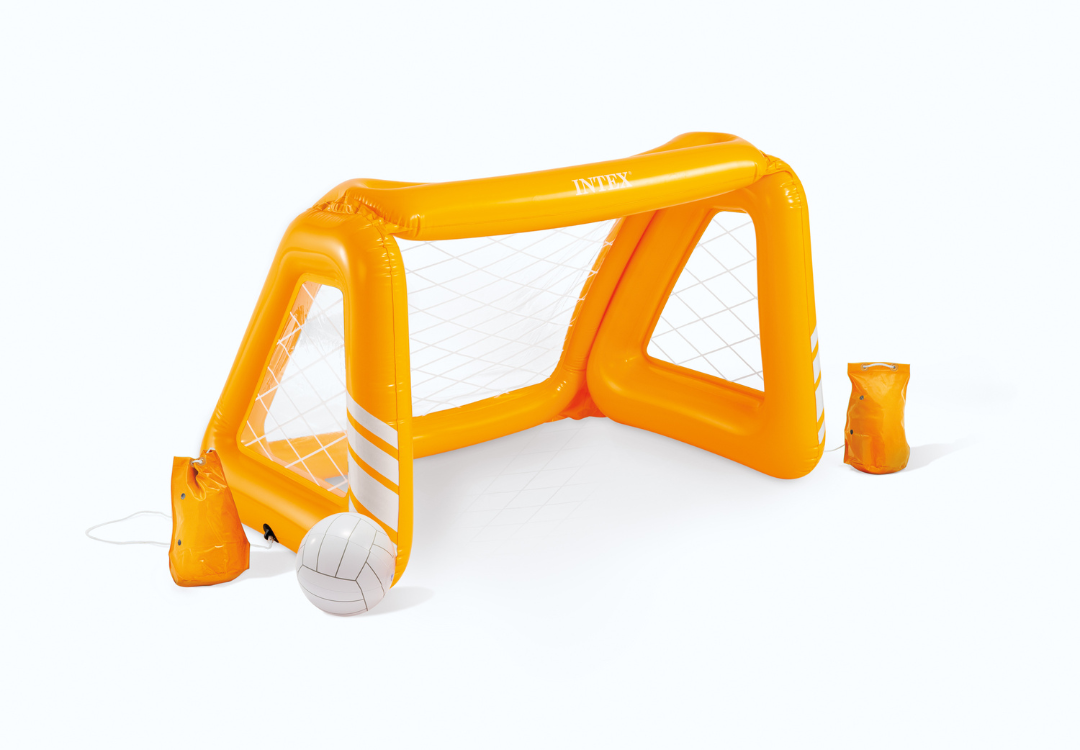 Orange inflatable pool goal with net and ball, showing full front frame.