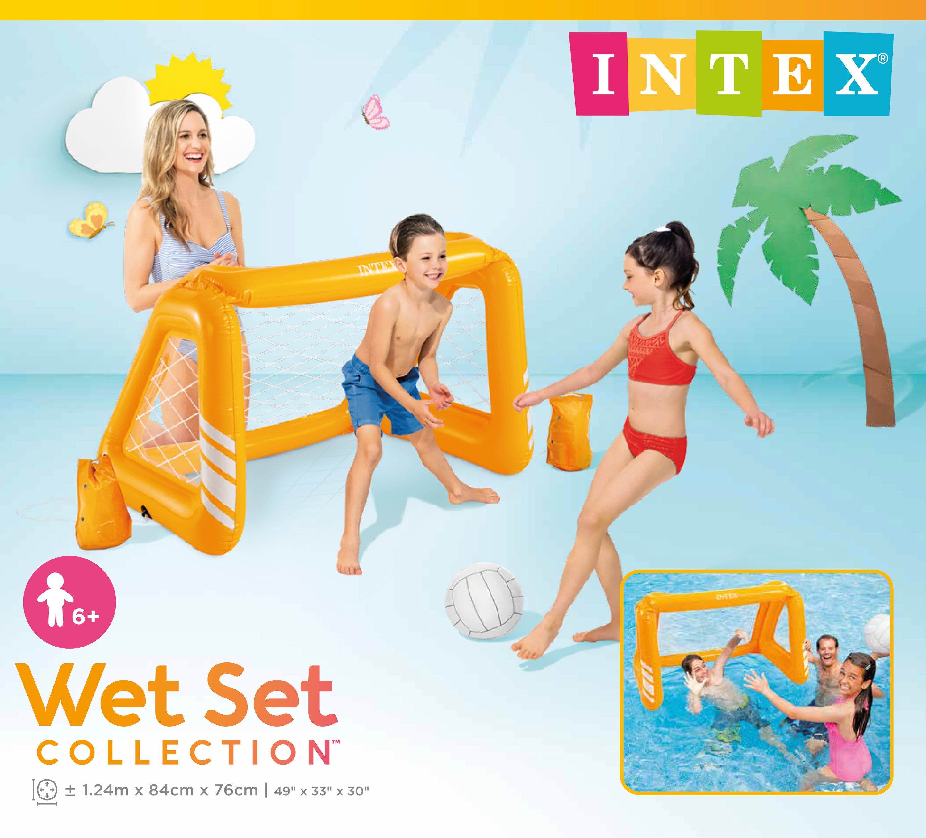 Intex Wet Set collection package showing inflatable orange pool goal with net and ball.