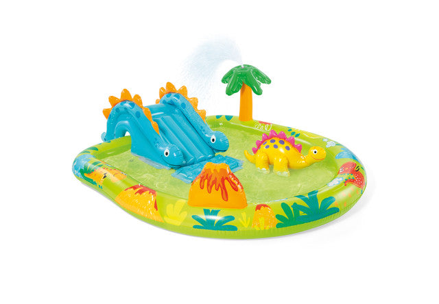 Dinosaur inflatable play centre with blue slide and green-yellow pool
