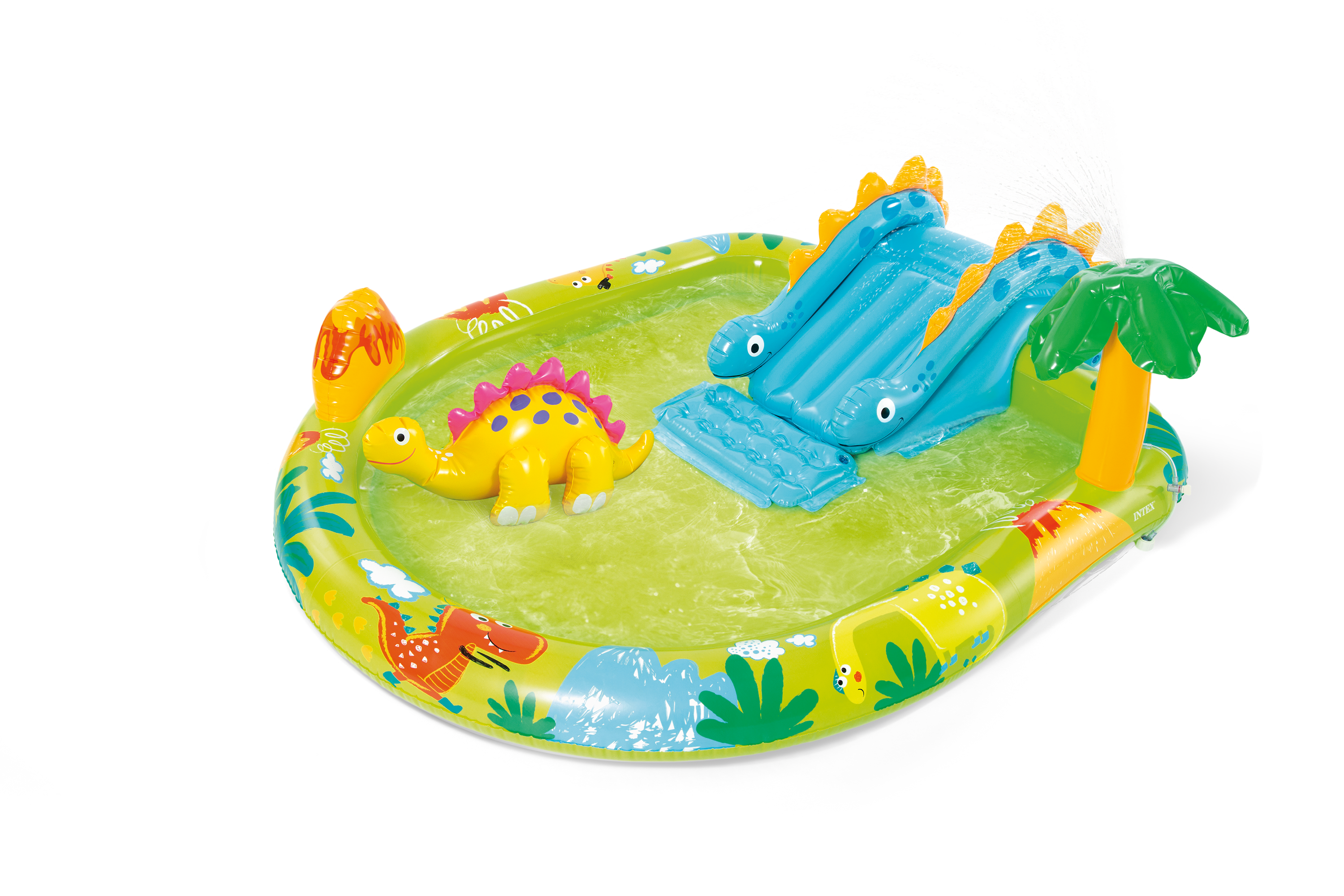Dinosaur inflatable play centre with yellow dinosaur figure and green tree posts