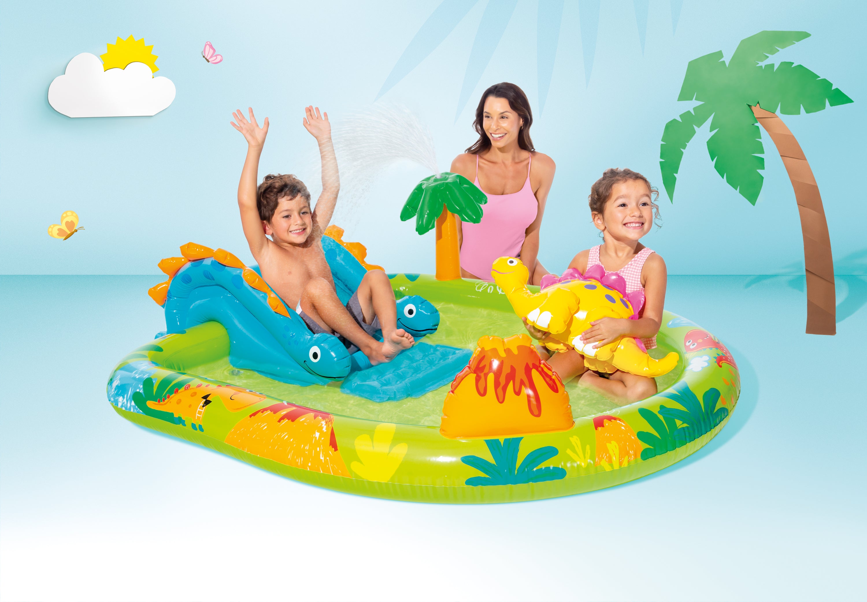 Dinosaur inflatable play centre with kids, colorful slide and green-yellow pool