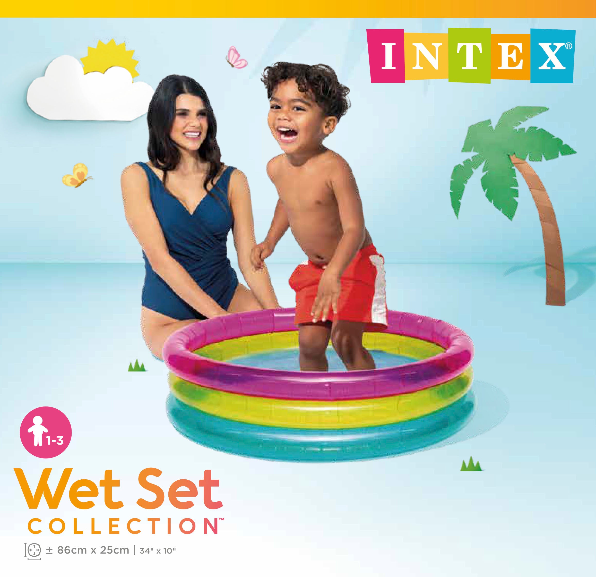 Intex inflatable rainbow baby pool with purple, yellow, green, and blue rings