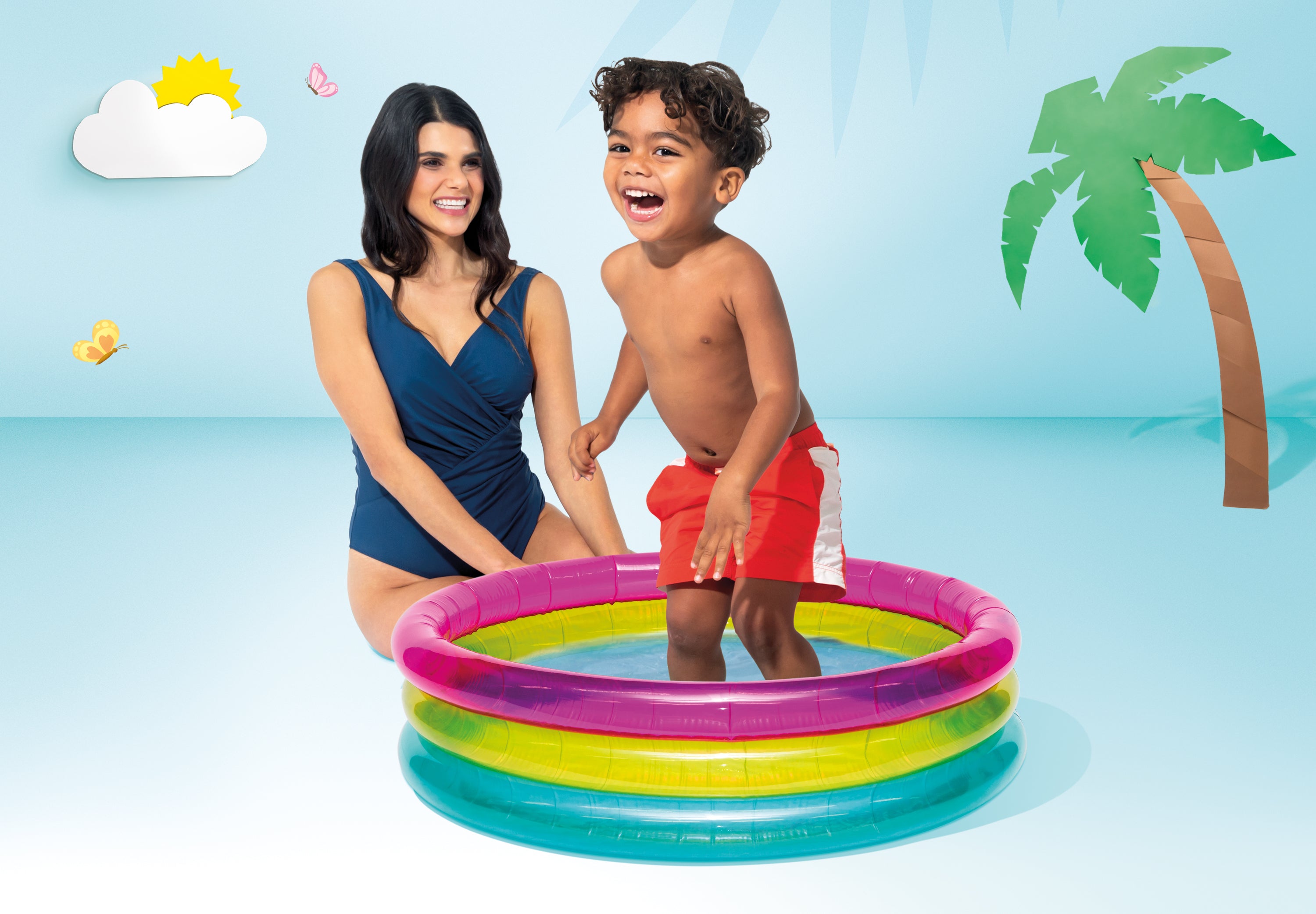Intex inflatable rainbow baby pool with kids in the round shallow tub