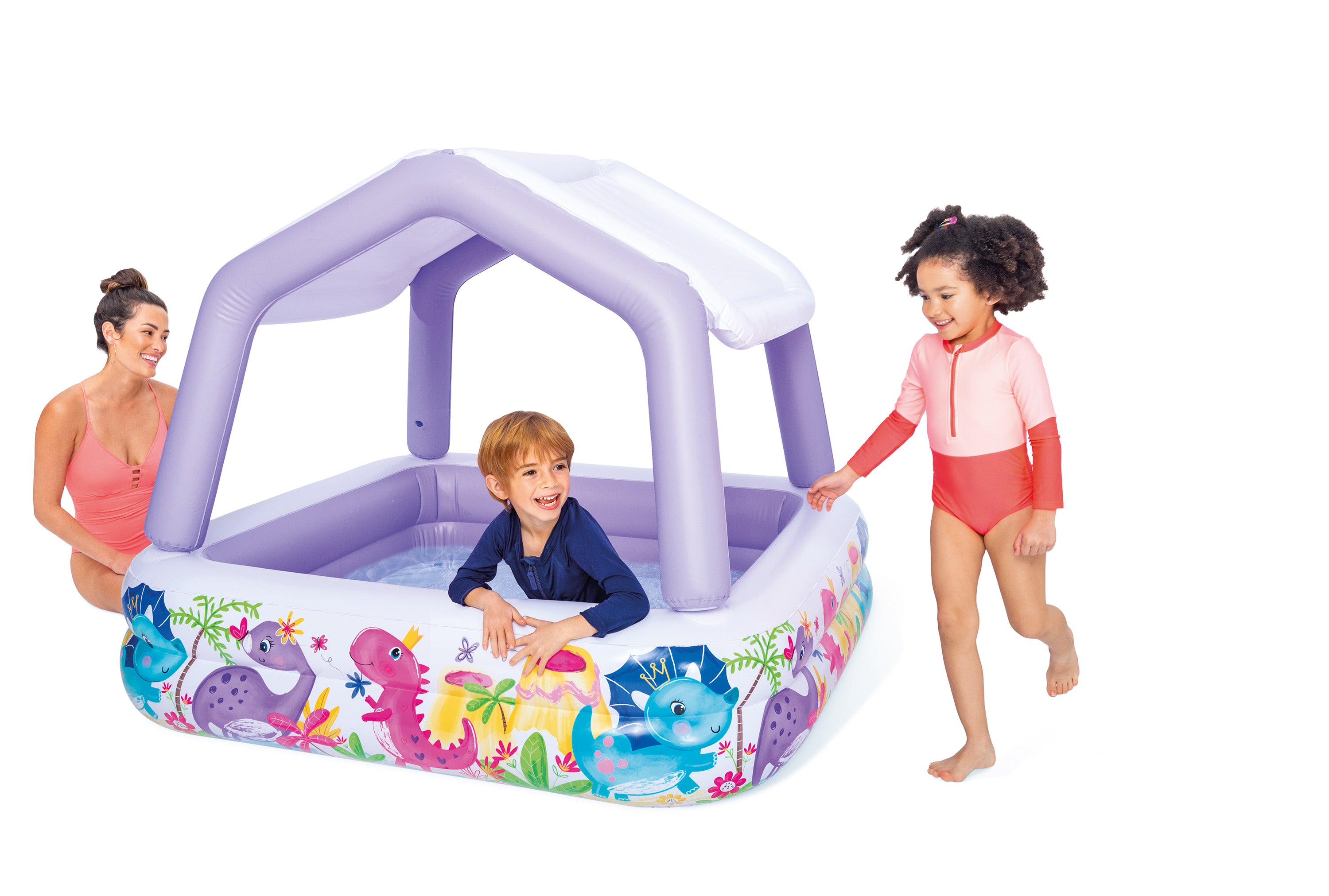 Inflatable kids pool with purple sunshade canopy and colorful sea animal graphic