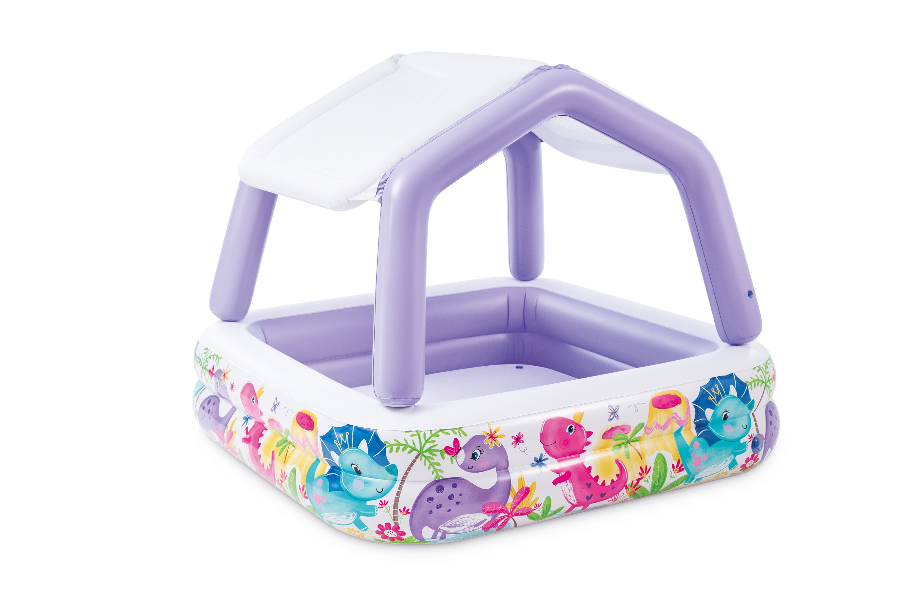 Inflatable kids pool with purple support frame and colorful sea animal print