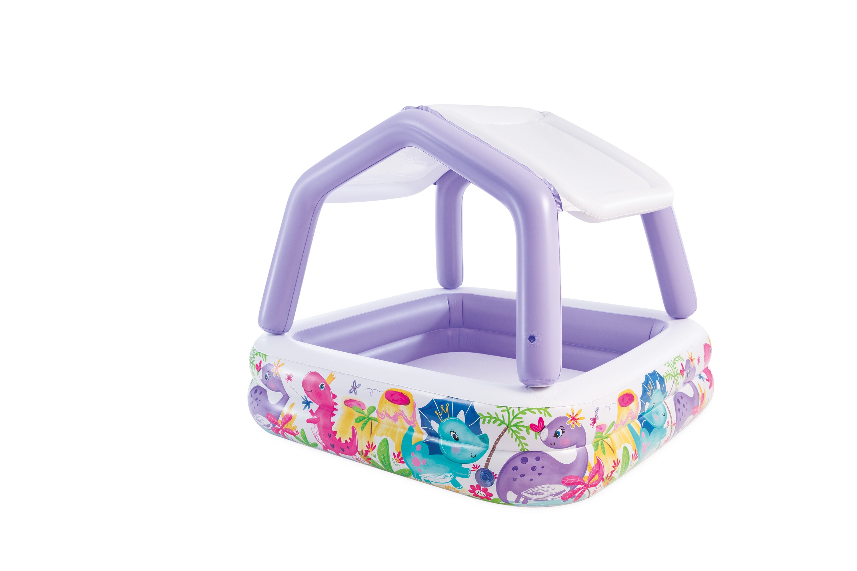 Inflatable kids pool with purple sunshade frame and colorful sea animal design