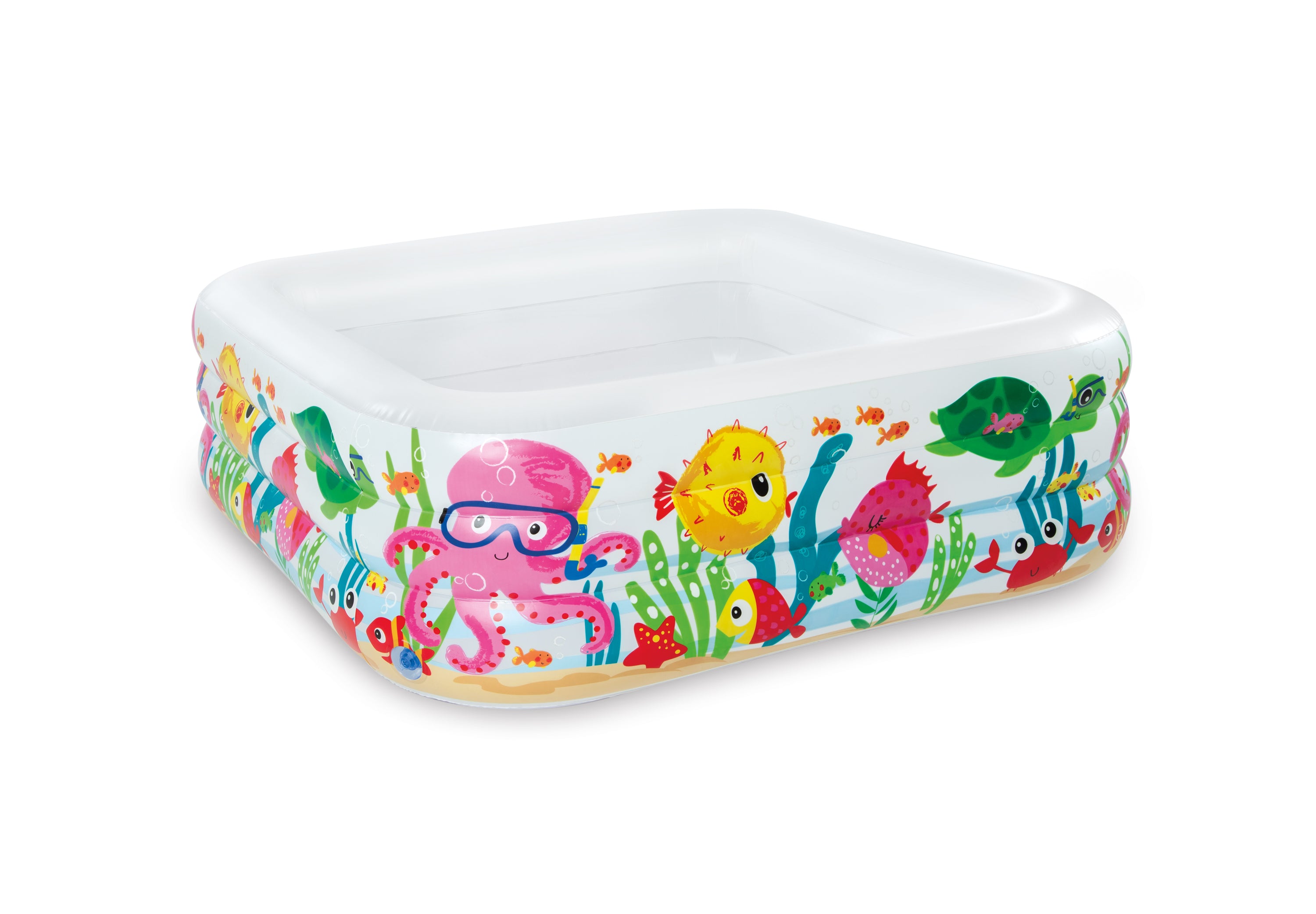 Inflatable kiddie pool with colorful sea animal print and white top edge