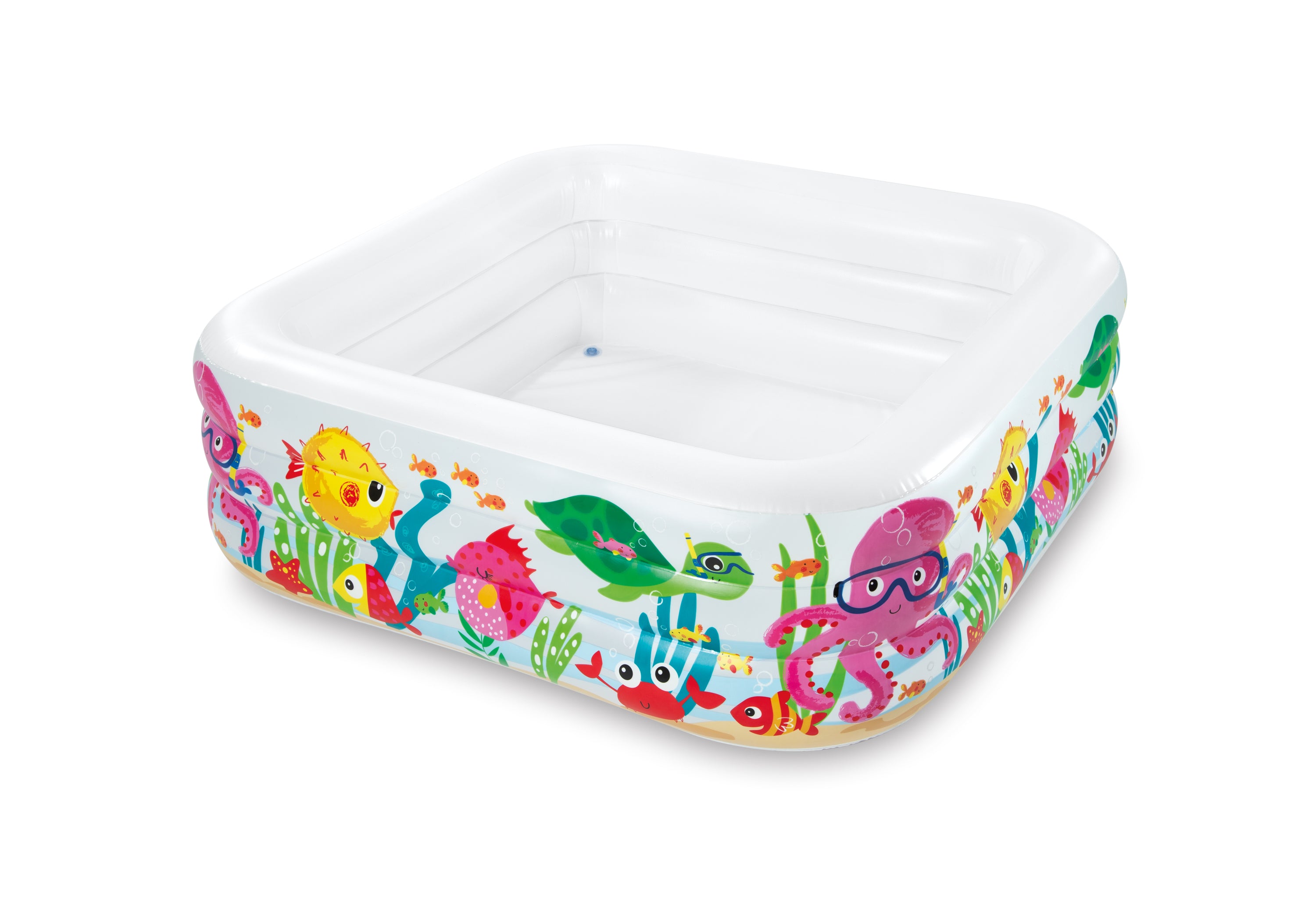 Inflatable kiddie pool with colorful marine animal print and clear white interior