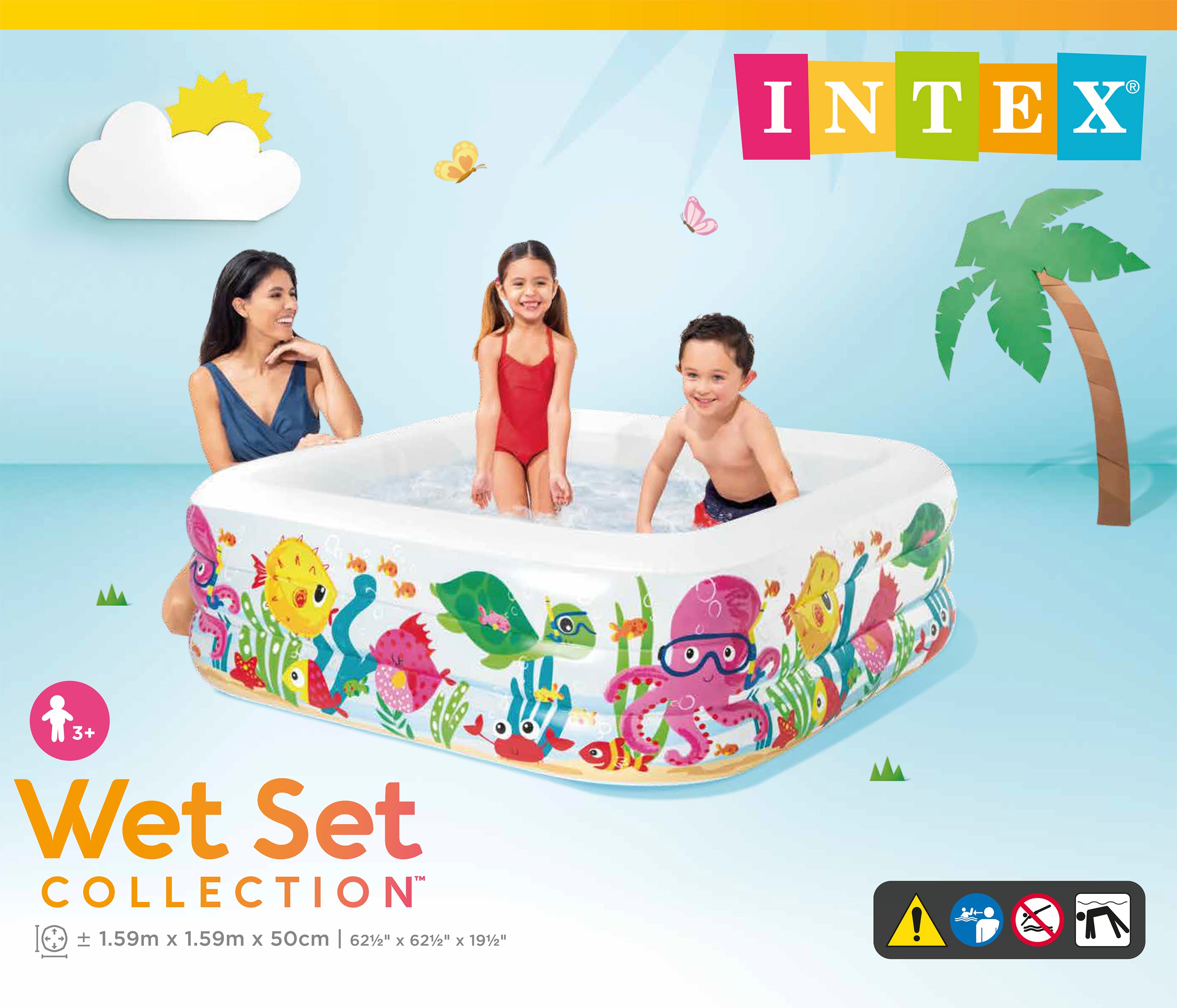 Inflatable kids pool with ocean animal print, white rim, and children in it