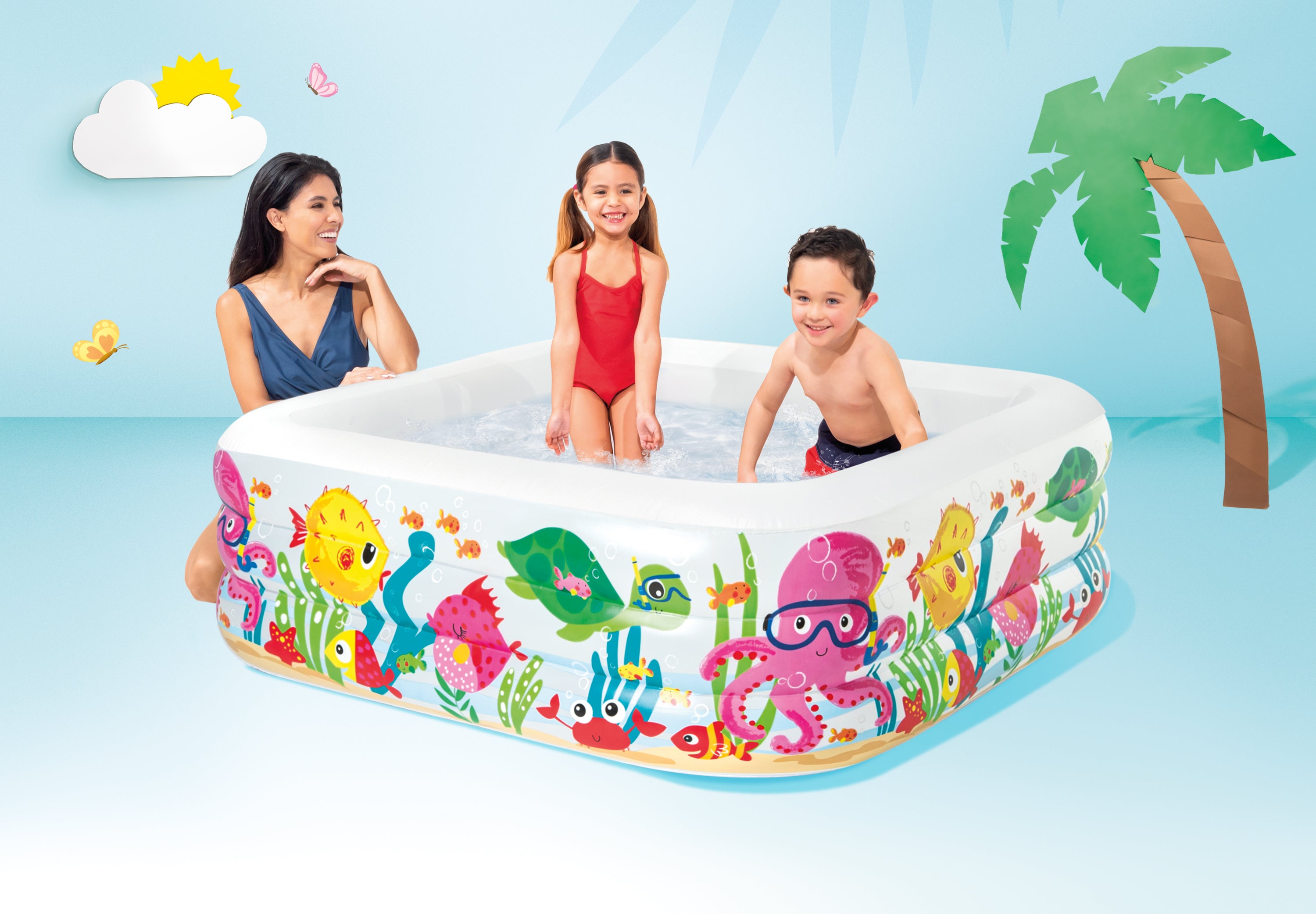 Inflatable kids pool with ocean animal print and children playing in the water