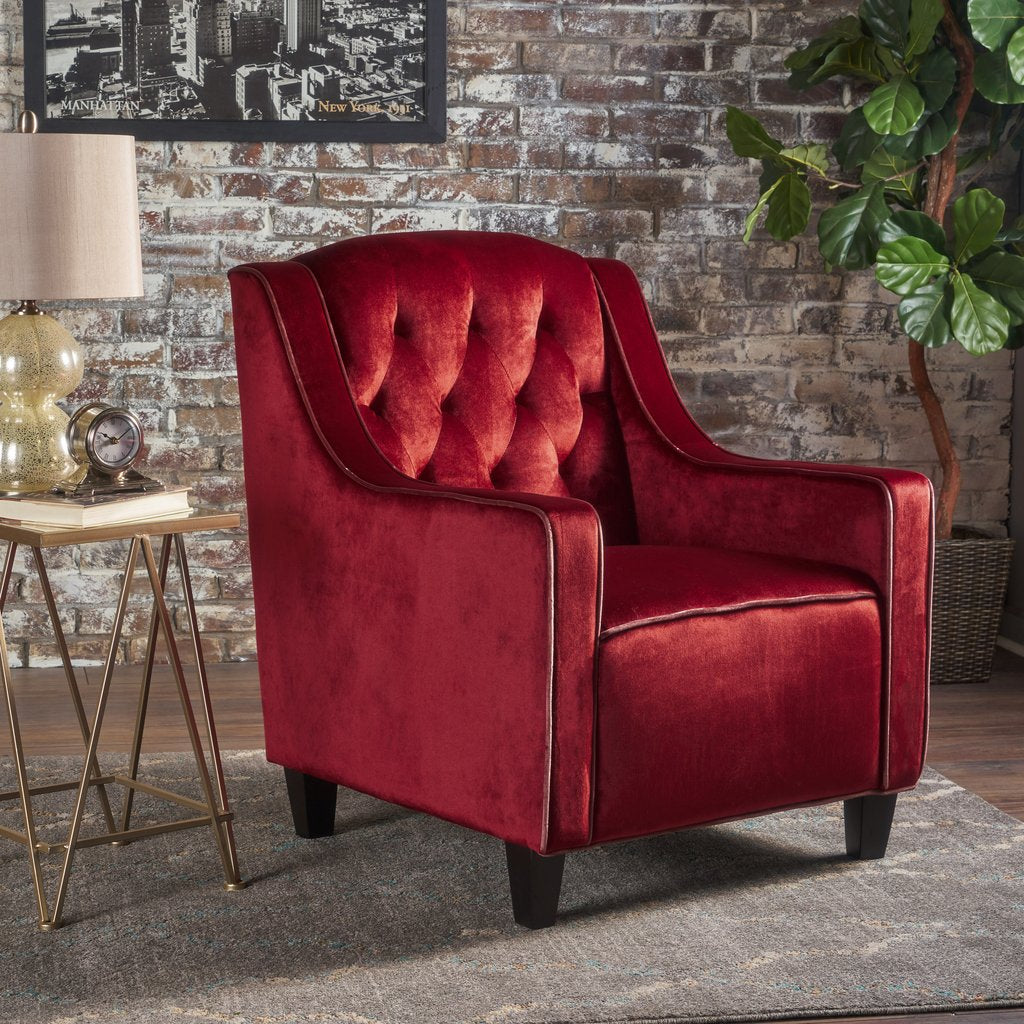 Two-tone tufted garnet velvet club armchair with buttoned back and rolled arms, dark legs