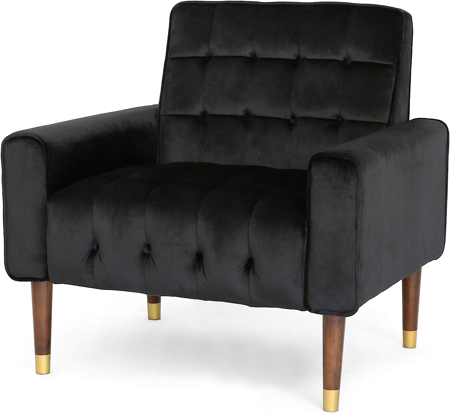 Black velvet armchair with tufted seat and back, rounded arms, gold and wood legs
