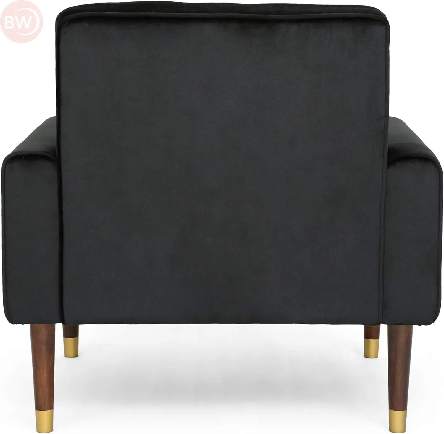 Black tufted velvet armchair back view with curved top and side cushions