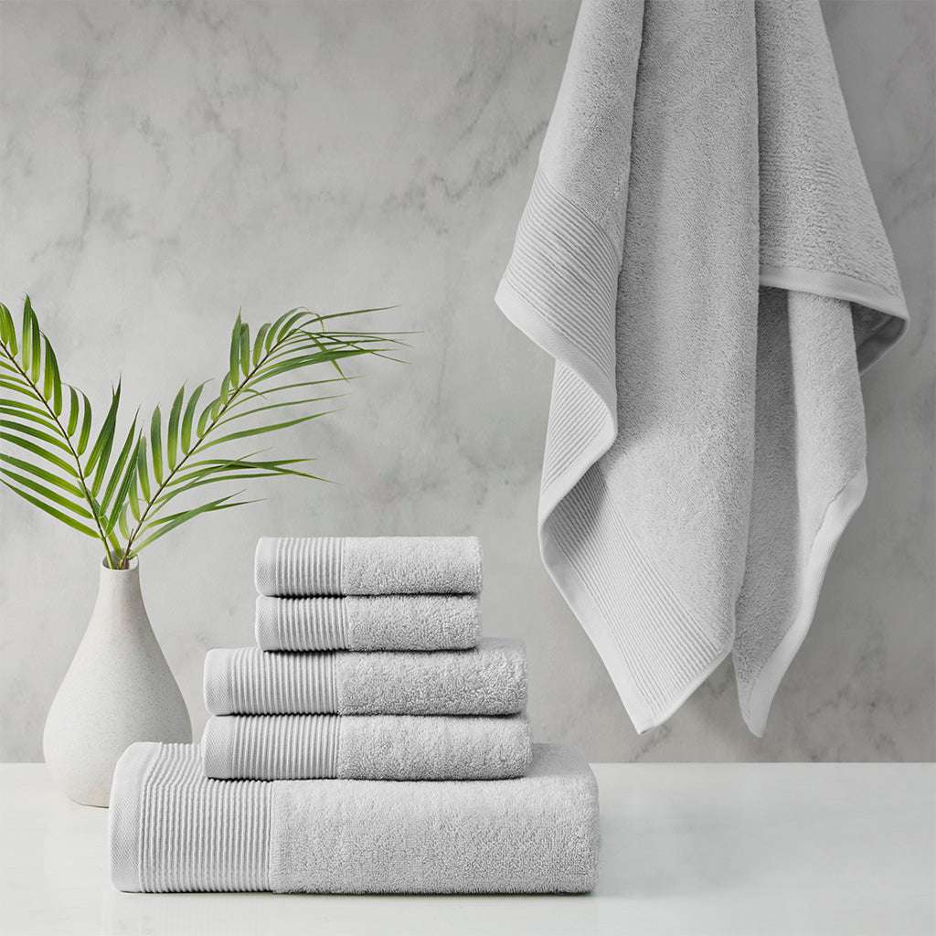 Retreat Cotton Tencel Antimicrobial 6 Piece Grey Towel Set by Cloud Linen, eco-friendly and luxurious, displayed in a modern bathroom.