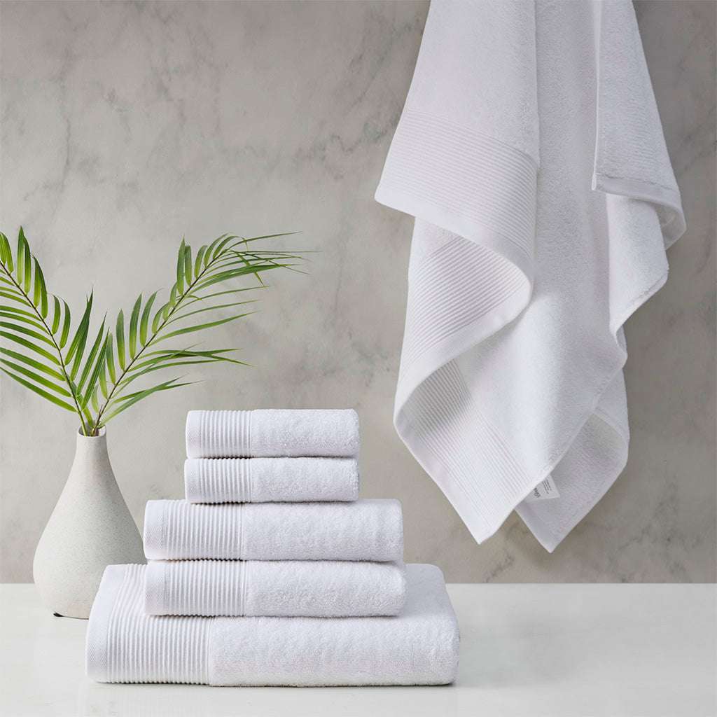 Retreat Cotton Tencel Antimicrobial 6 Piece White Towel Set by Cloud Linen, luxurious eco-friendly towels with ribbed hem.
