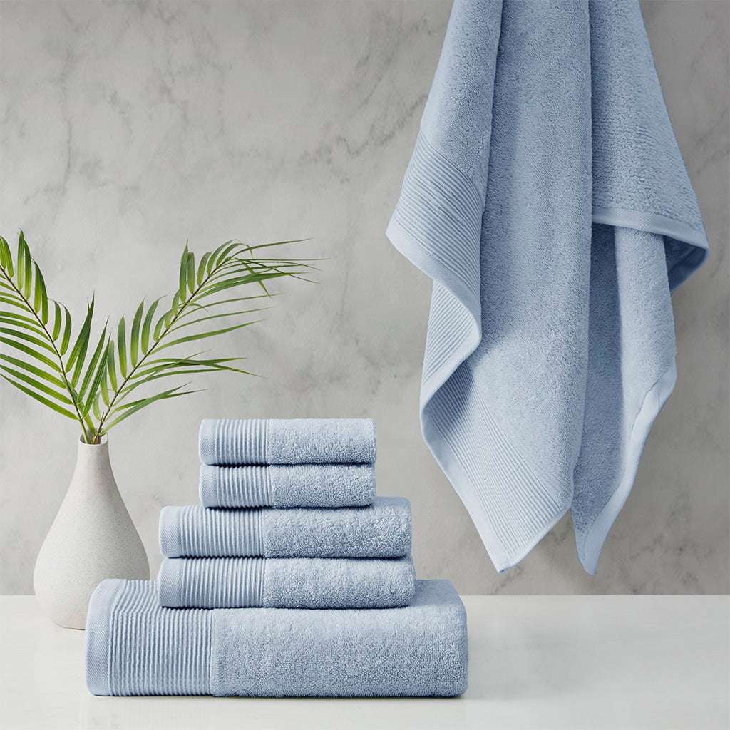 Retreat Cotton Tencel Antimicrobial 6 Piece Blue Towel Set by Cloud Linen, eco-friendly, high absorbency, ribbed hem, silver-infused antimicrobial protection.