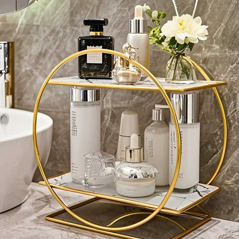 （White second floor）Elegant Golden Two-Tier Metal Cosmetic Organizer Stand - Luxury Countertop Makeup and Skincare Storage Shelf, Ideal for Bathroom Vanity, Home Decor, Dressing Table Accessories, and Perfume Storage