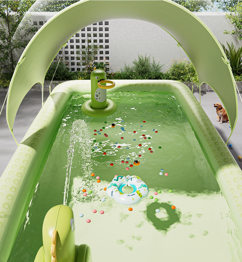 Inflatable Swimming Pool 180×130×56cm with Canopy & Dinosaur Spray – Kids Outdoor Water Play Set for Backyard, Garden, Summer Fun (Green)