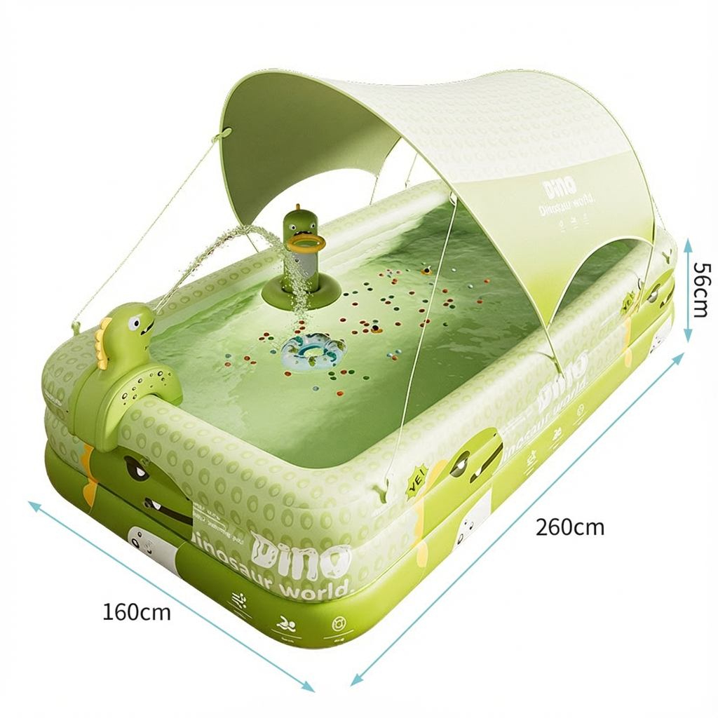 Inflatable Swimming Pool 260×160×56cm with Canopy & Dinosaur Spray – Kids Outdoor Water Play Set for Backyard, Garden, Summer Fun (Green)
